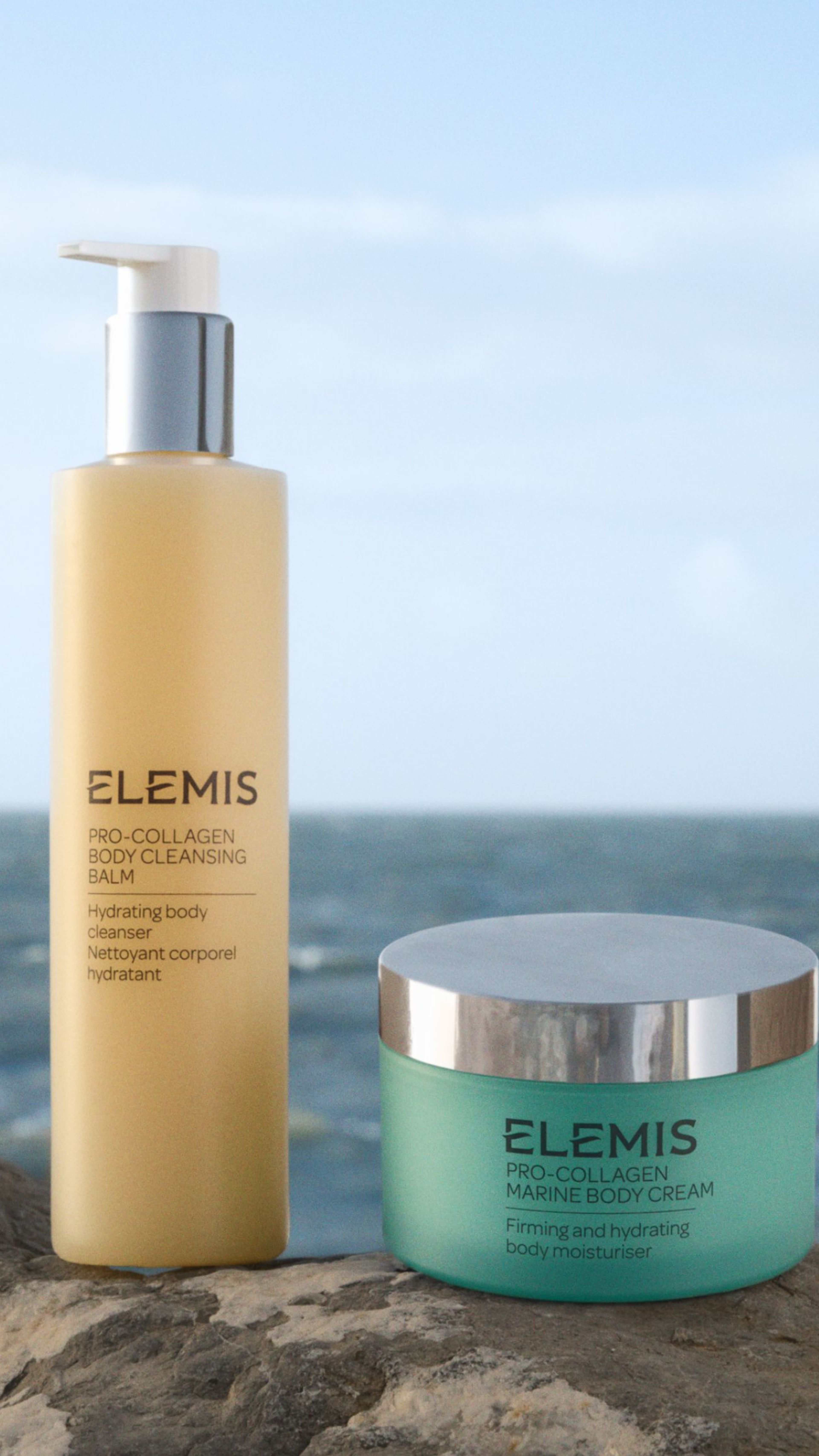 Elemis Pro-Collagen Body Cleansing Balm and Muscle Cool Cream in shallow rippling water.