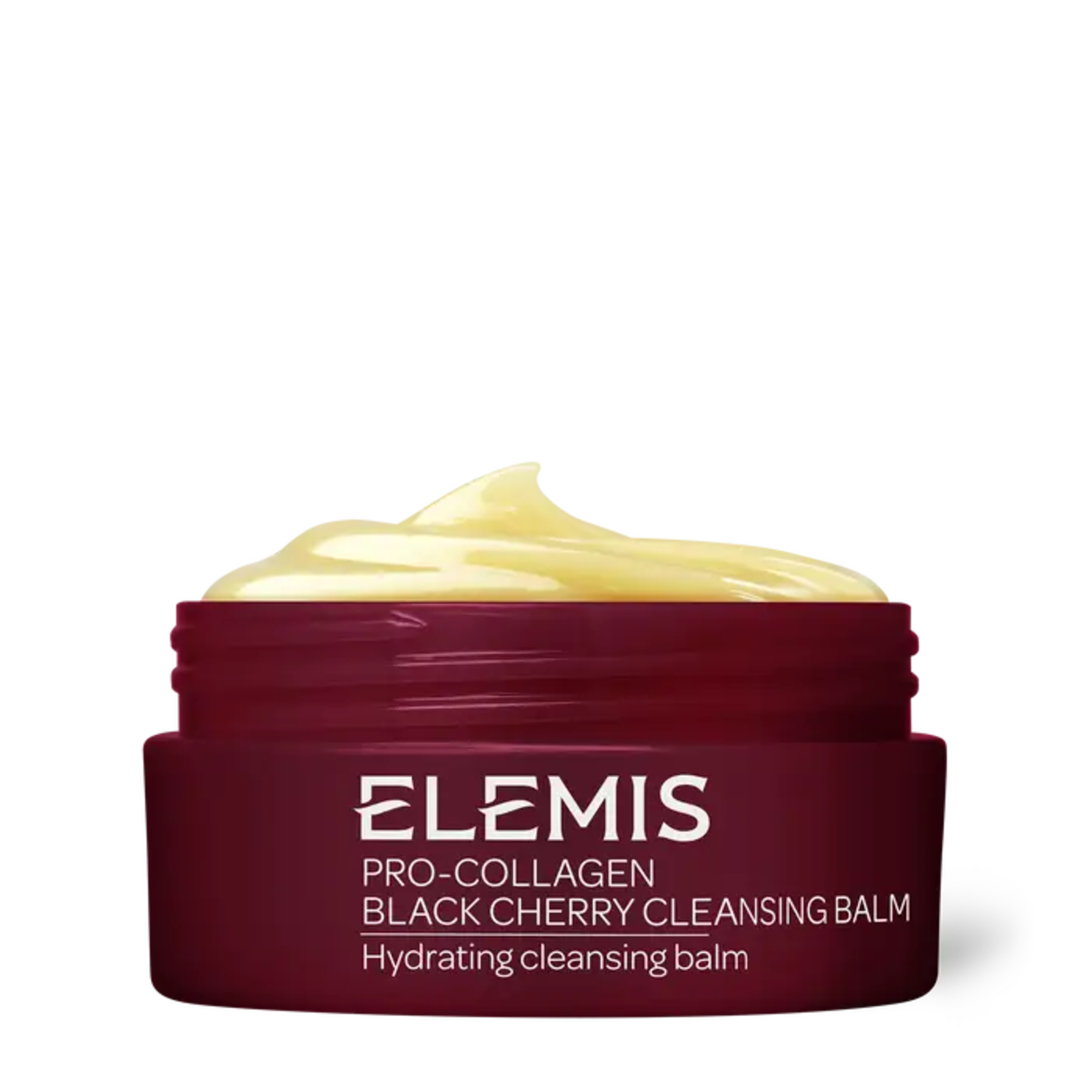 A dark red jar of Elemis Pro-Collagen Black Cherry Cleansing Balm with a yellow swirl of product.