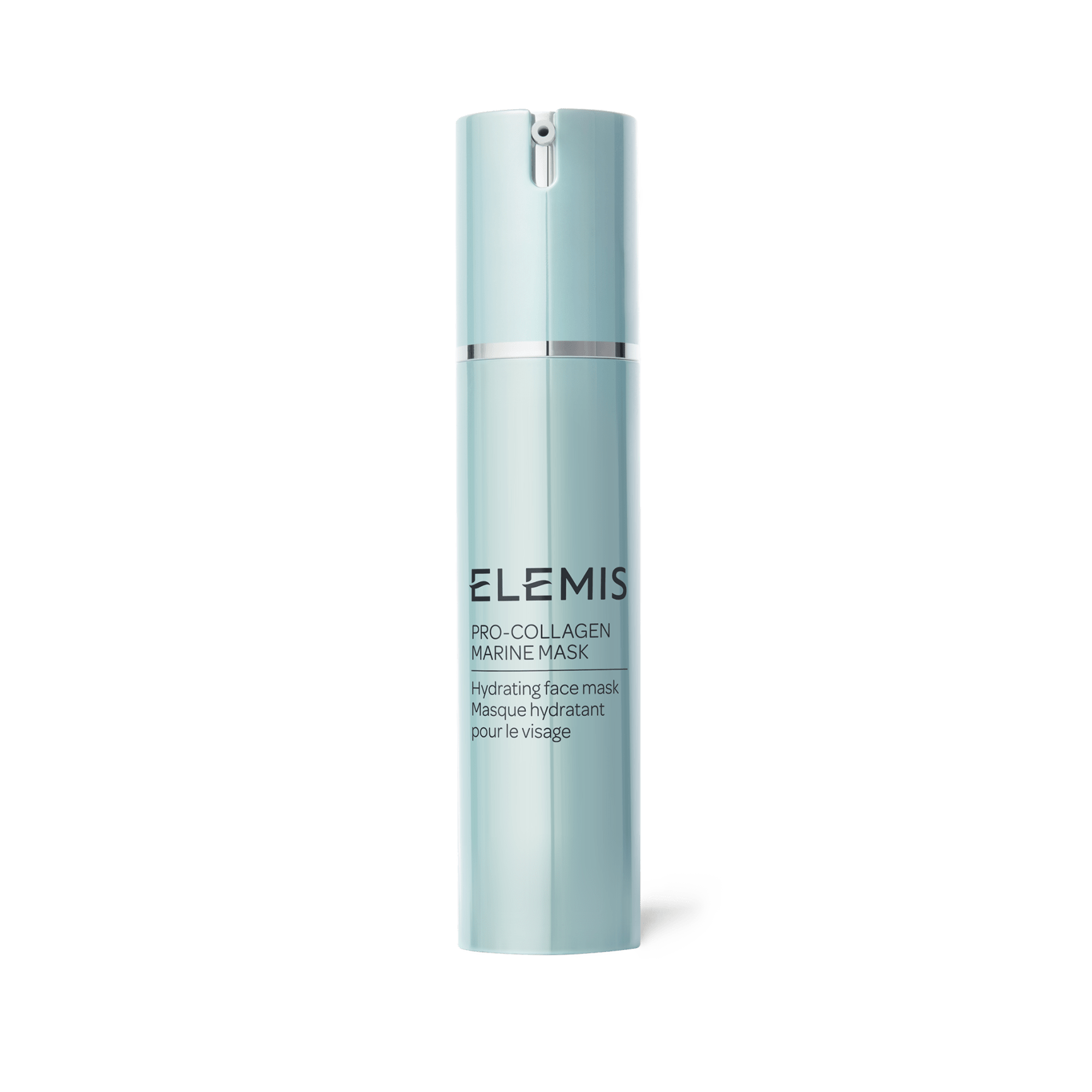 ELEMIS Pro-Collagen Marine Mask bottle, a tall pale blue pump container with silver detail, labelled as a hydrating face mask.