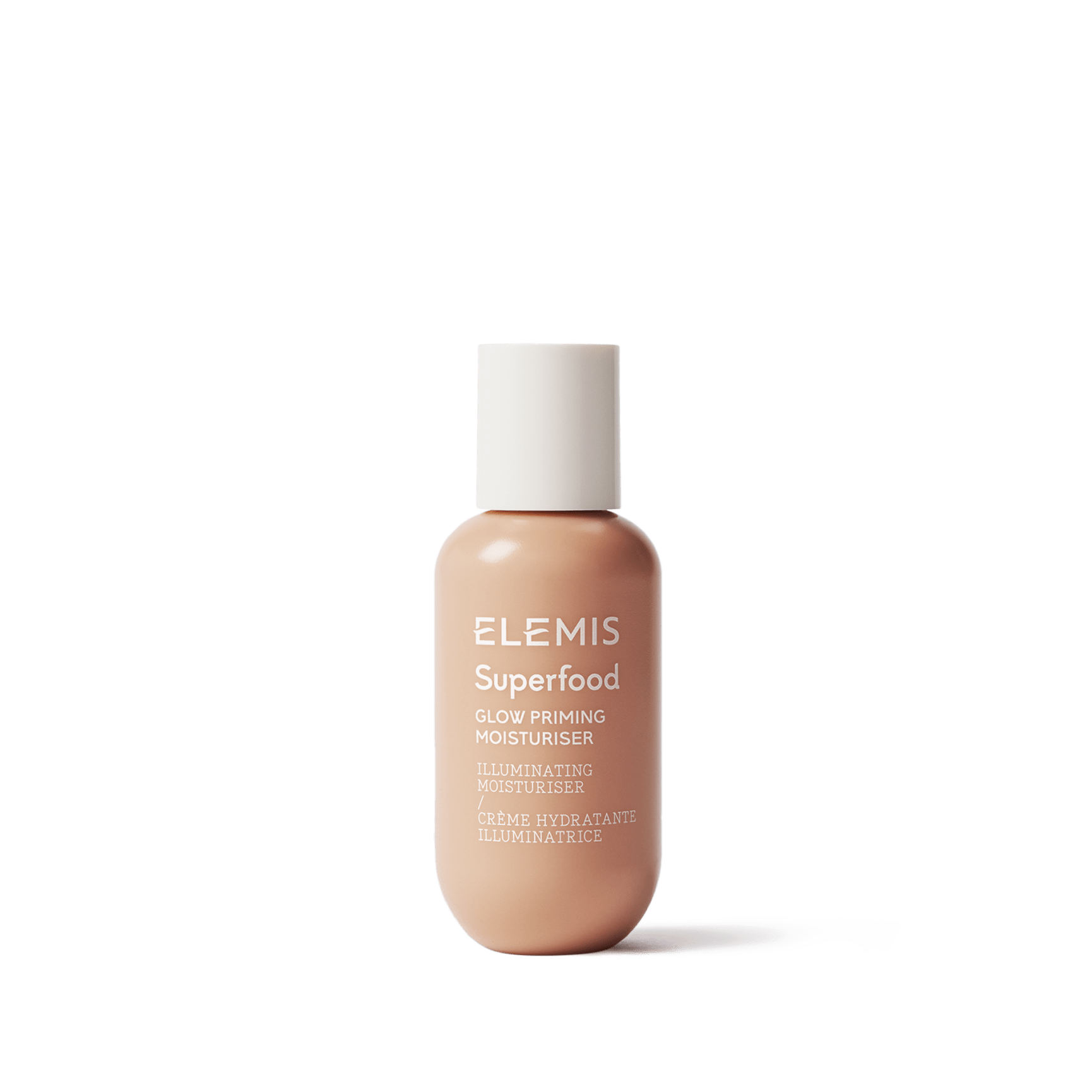ELEMIS Superfood Glow Priming Moisturiser bottle standing upright on a white background, showing its peach-coloured packaging with white text and white cap.