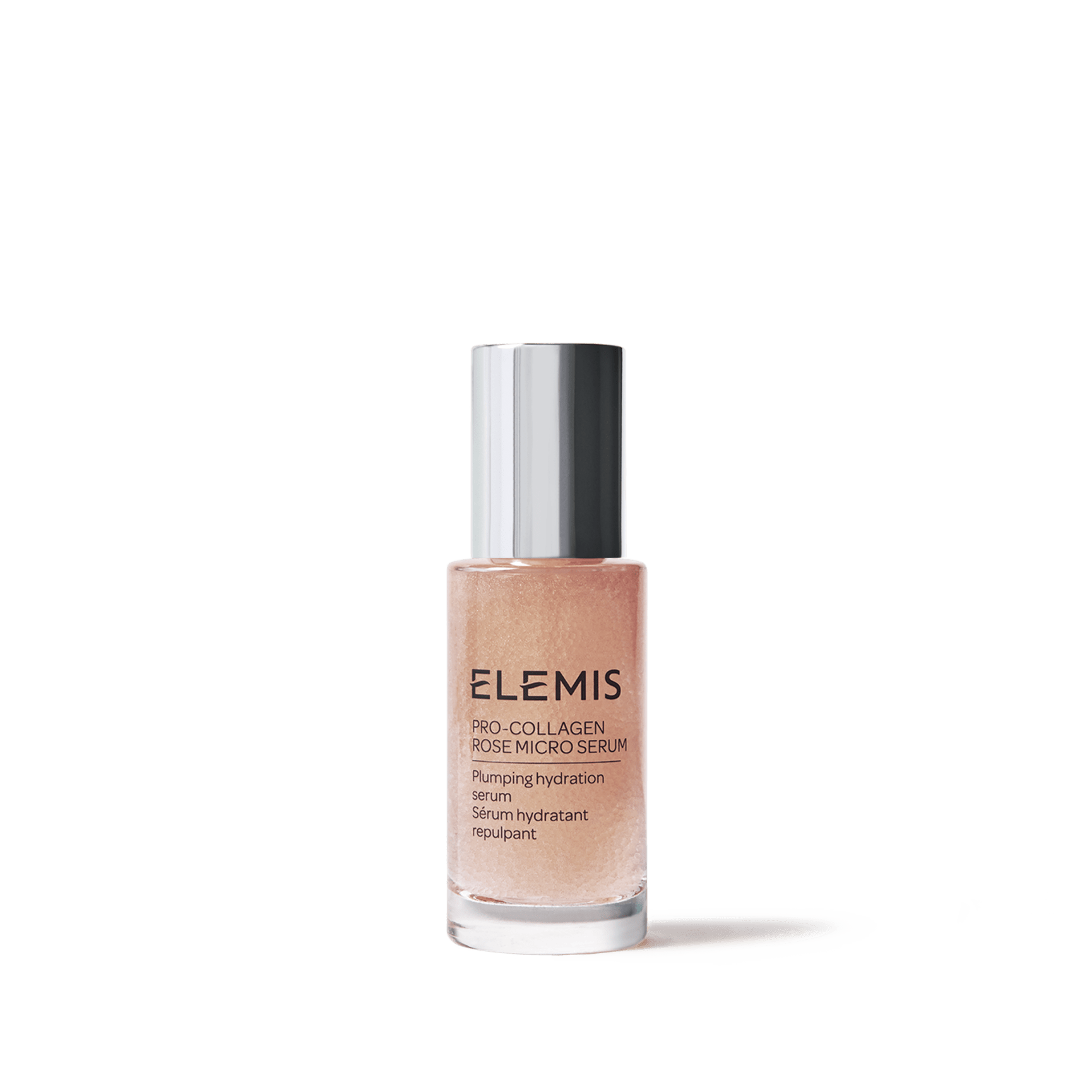 ELEMIS Pro-Collagen Rose Micro Serum bottle with metallic silver cap, containing pink serum, labelled “Plumping hydration serum / Sérum hydratant repulpant”, shown on a plain white background.