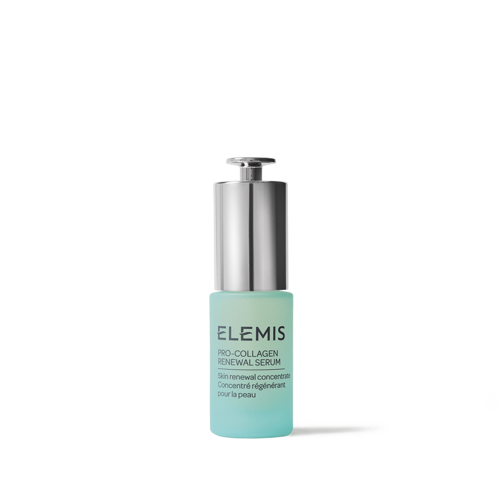 ELEMIS Pro-Collagen Renewal Serum bottle with silver pump and frosted turquoise glass, labelled as a skin renewal concentrate.