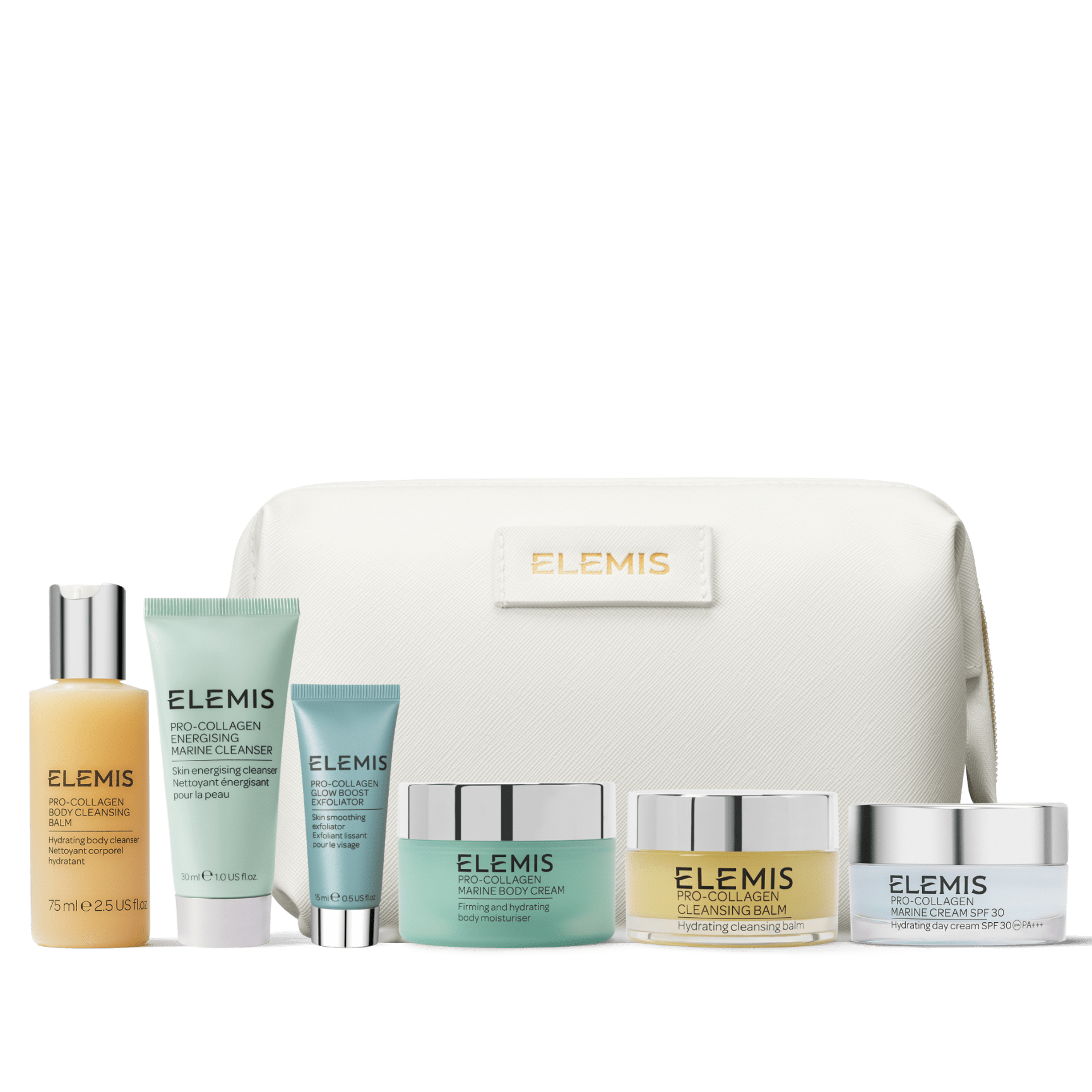 ELEMIS Pro-Collagen skincare gift set arranged in front of a white ELEMIS cosmetic bag, including cleanser, marine cleanser, eye treatment, marine body cream, cleansing balm and marine cream in pastel tubes and jars with silver lids.