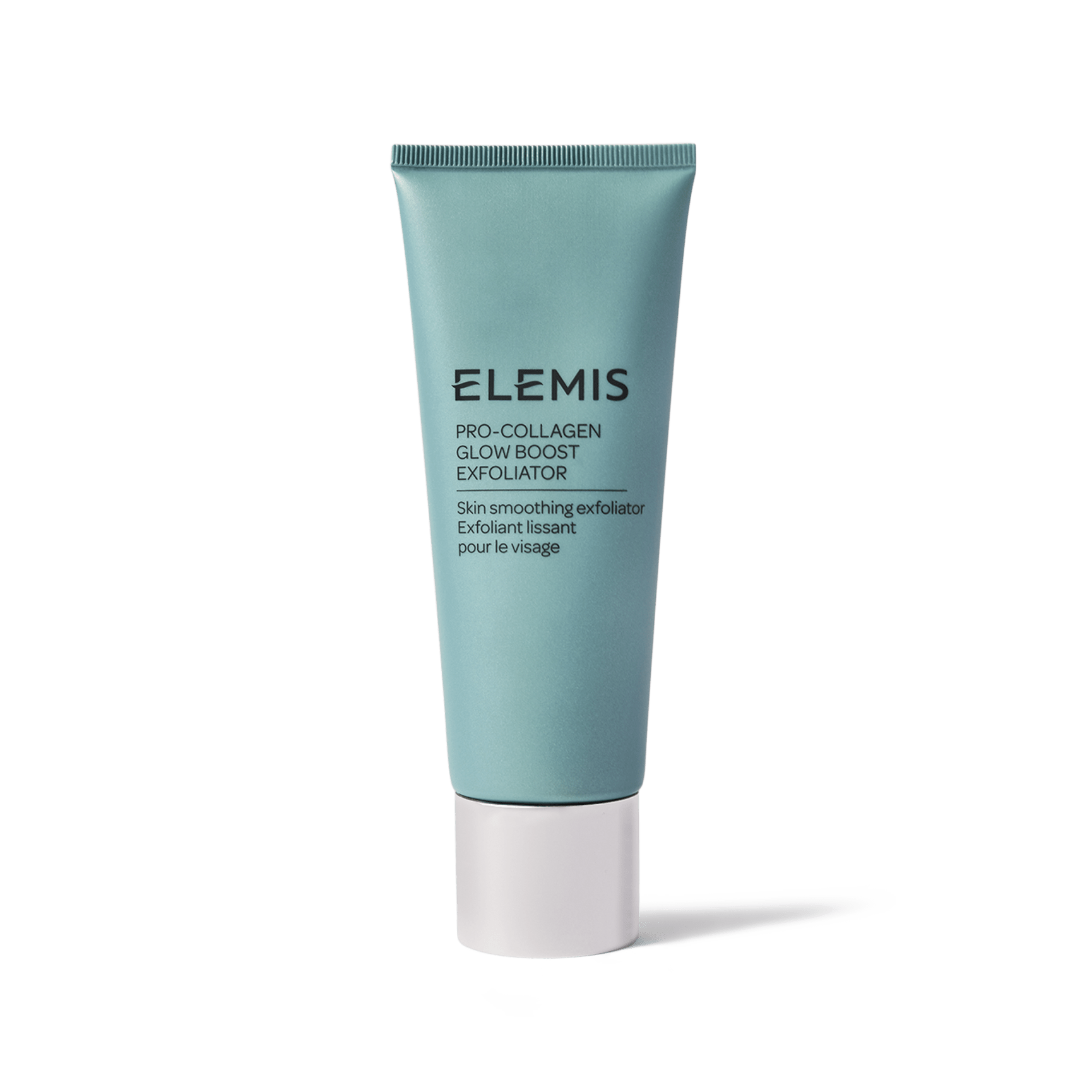 ELEMIS Pro-Collagen Glow Boost Exfoliator in a teal squeeze tube with white cap, labelled as a skin smoothing exfoliator for the face.