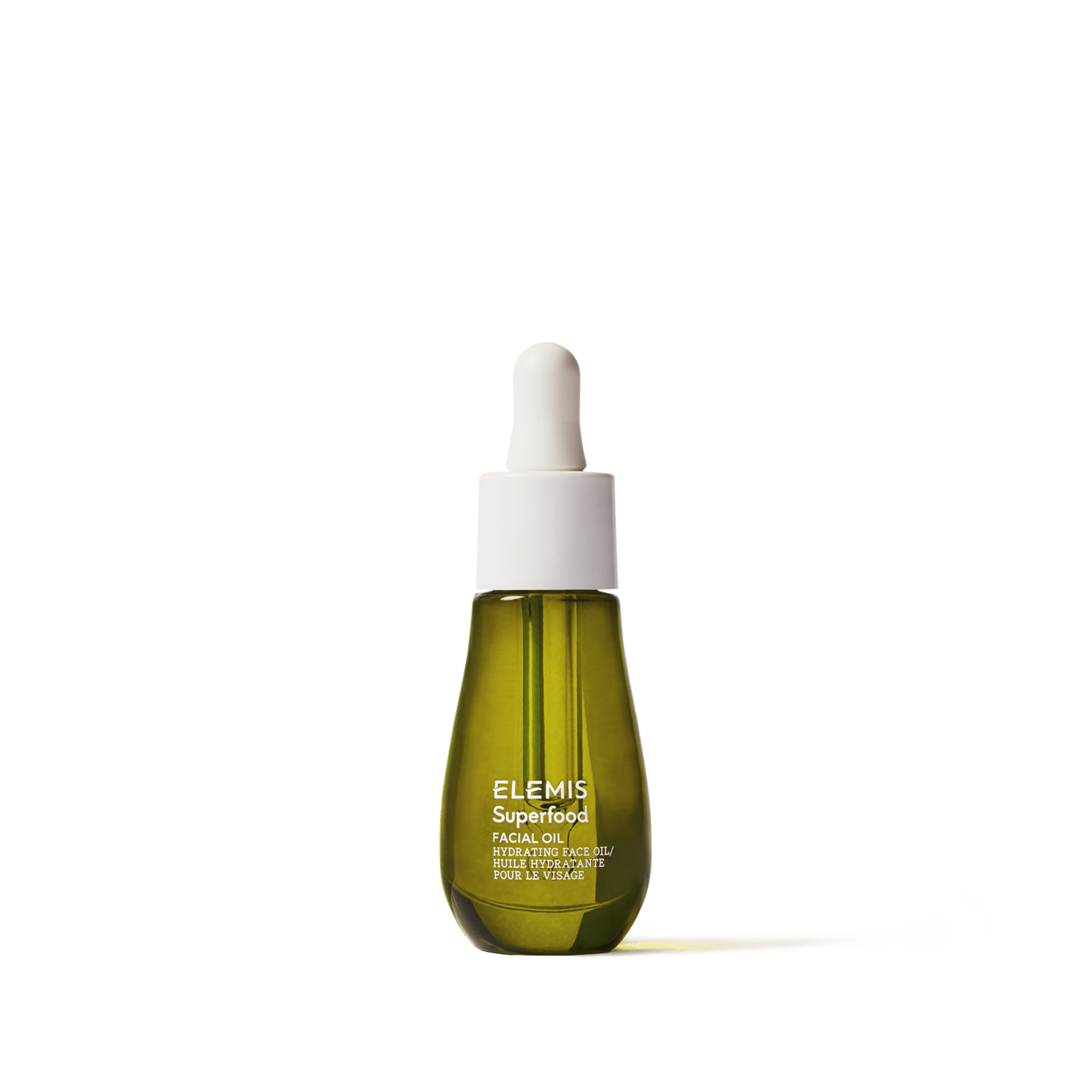 ELEMIS Superfood Facial Oil bottle with white dropper cap, shown upright on a white background, highlighting the green glass packaging and minimal product text on the front.