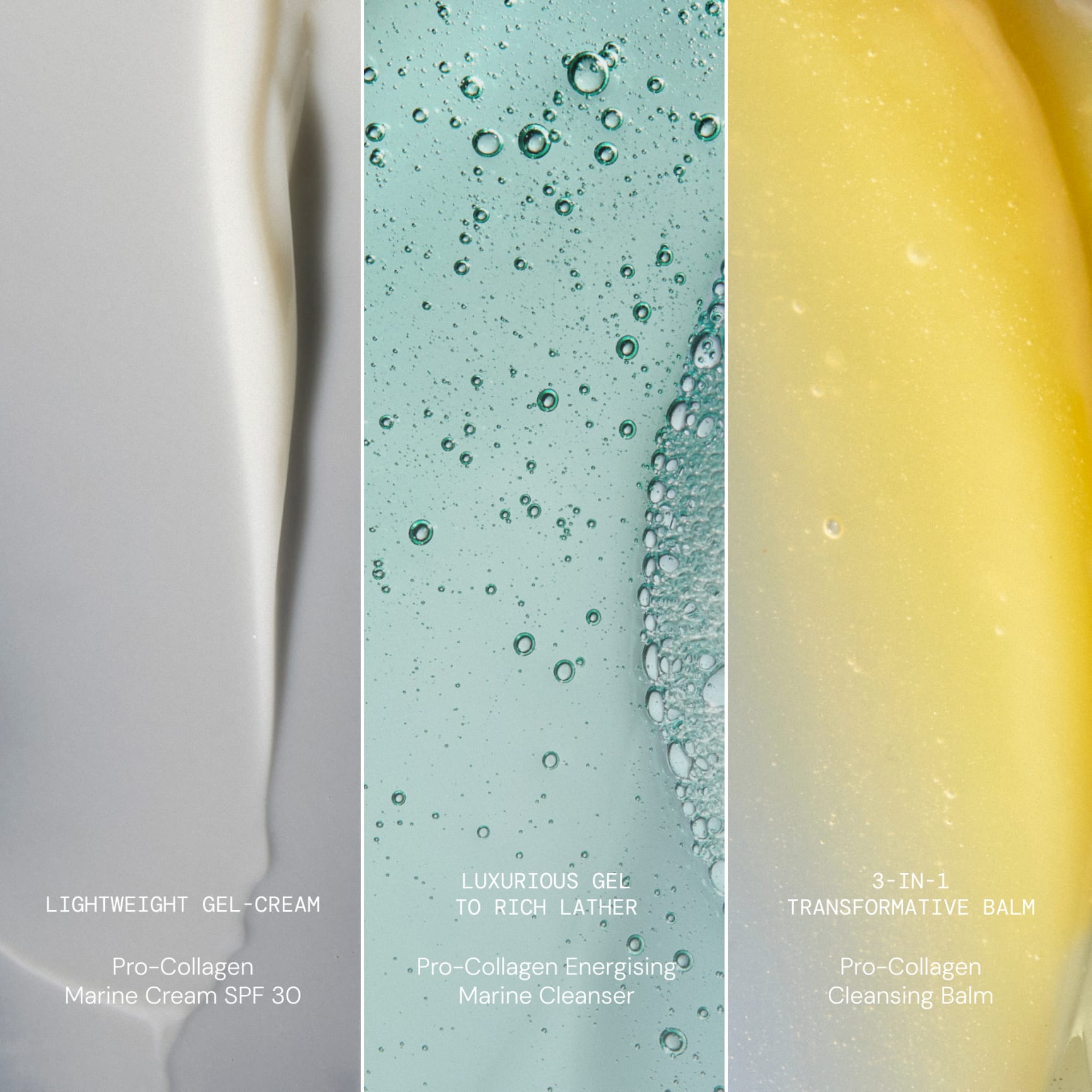 Abstract close-up textures of three ELEMIS Pro-Collagen products, each with descriptive text: "Lightweight gel-cream Pro-Collagen Marine Cream SPF 30", "Luxurious gel to rich lather Pro-Collagen Energising Marine Cleanser", and "3-in-1 transformative balm Pro-Collagen Cleansing Balm".