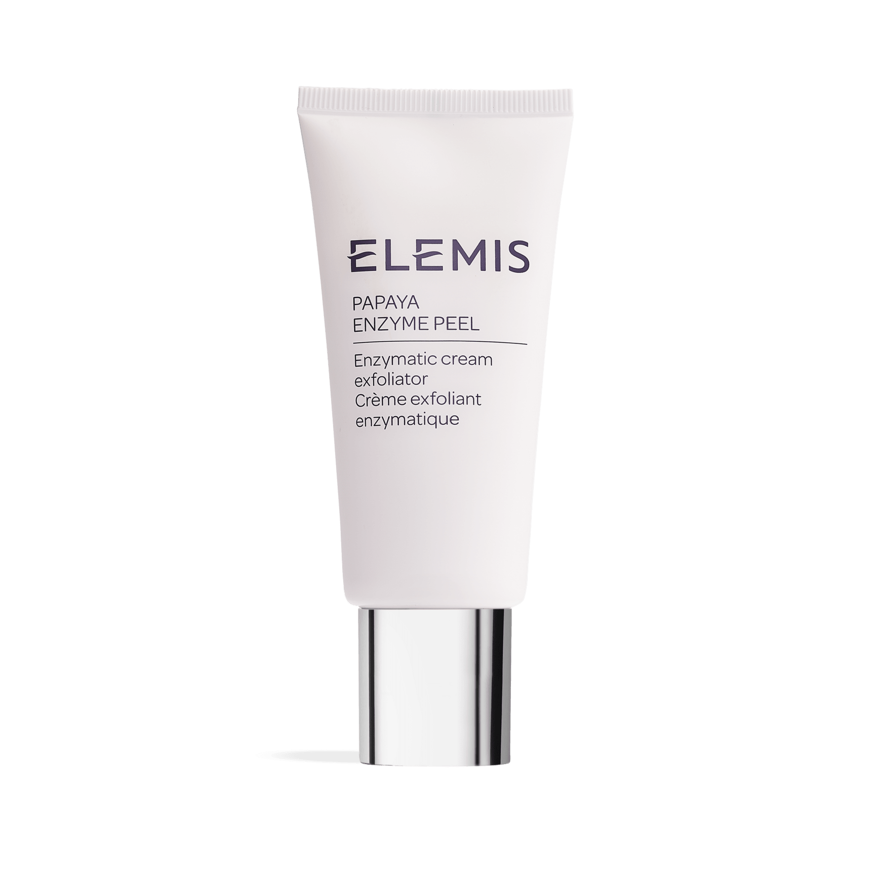 ELEMIS Papaya Enzyme Peel tube with silver cap, described on the packaging as an enzymatic cream exfoliator in English and French, shown on a plain white background.