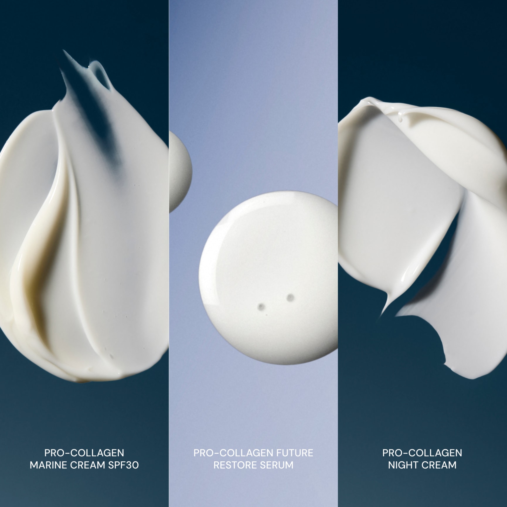 ELEMIS Pro-Collagen textures shown side by side: a creamy swatch for "Pro-Collagen Marine Cream SPF30", a smooth droplet for "Pro-Collagen Future Restore Serum", and a thicker cream swatch for "Pro-Collagen Night Cream" against blue backgrounds.