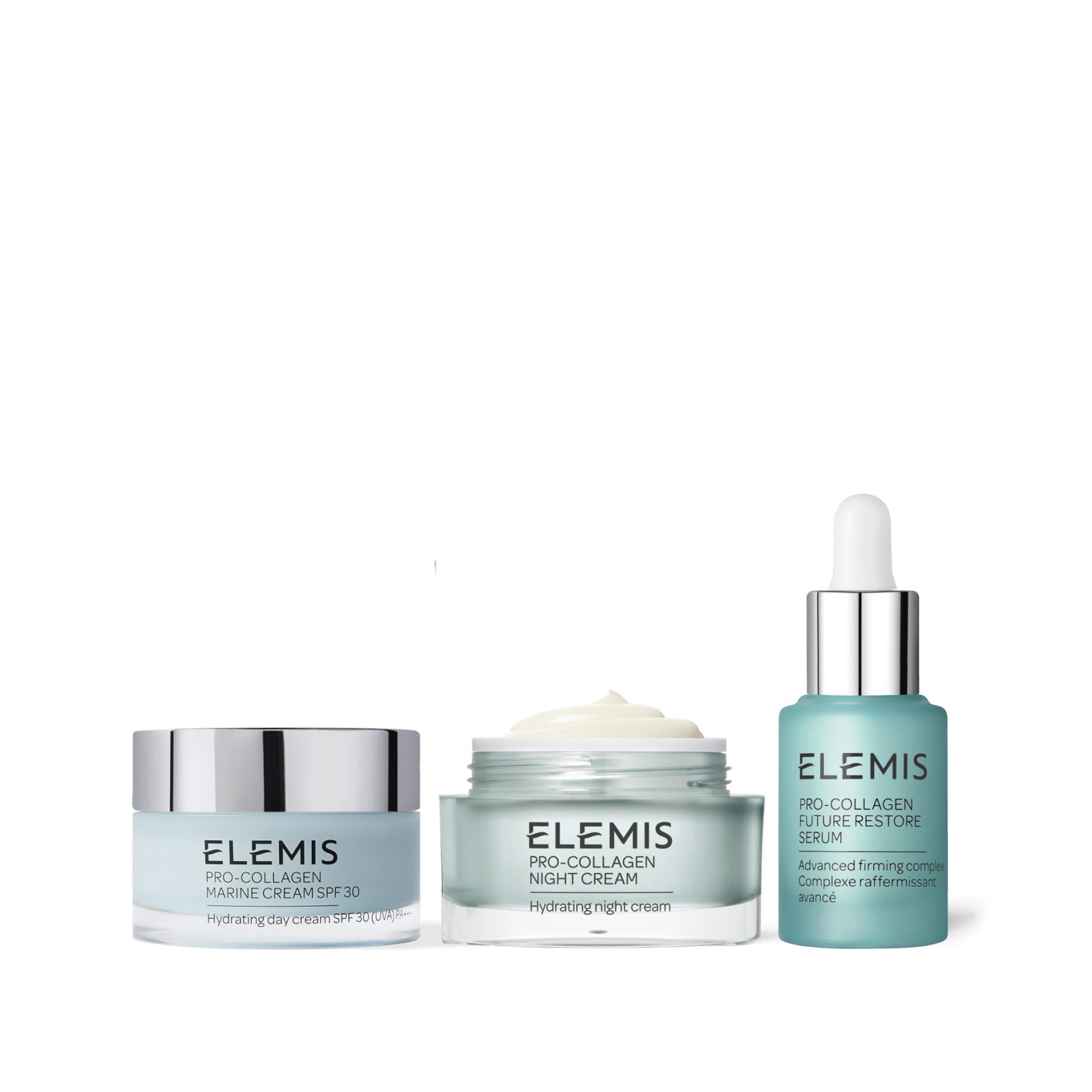 ELEMIS Pro-Collagen skincare trio: Marine Cream SPF30 hydrating day cream, Pro-Collagen Night Cream hydrating night cream with cream swatch visible in open jar, and Pro-Collagen Future Restore Serum in a dropper bottle.