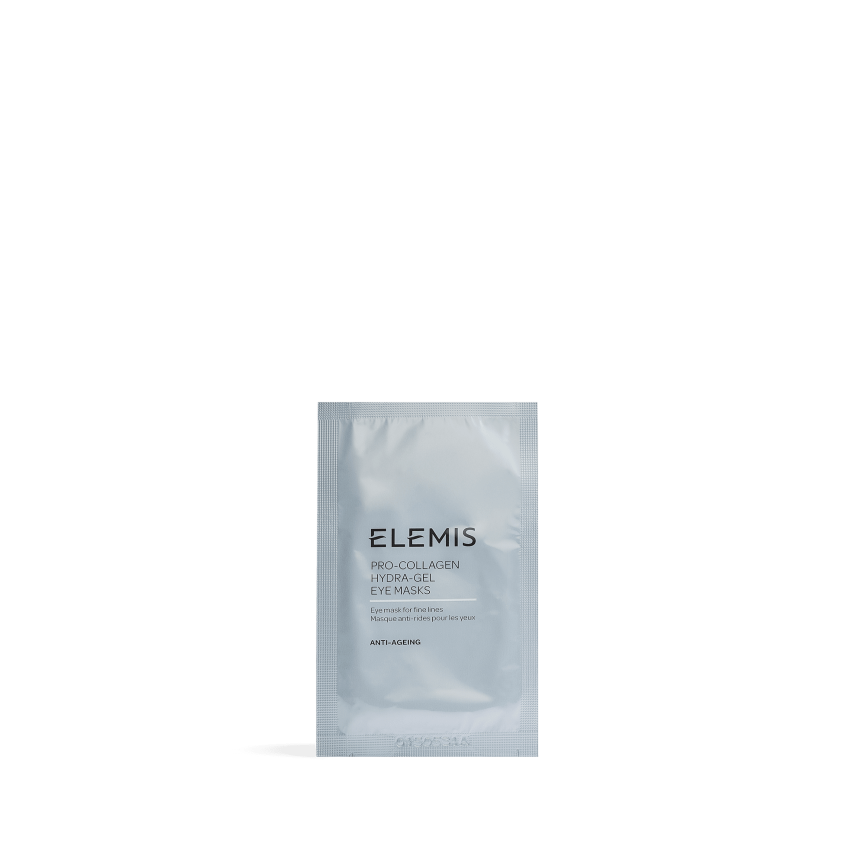 Single sachet of ELEMIS Pro-Collagen Hydra-Gel Eye Masks on a plain background, showing front-of-pack text describing anti-ageing hydra-gel eye masks for fine lines and wrinkles.