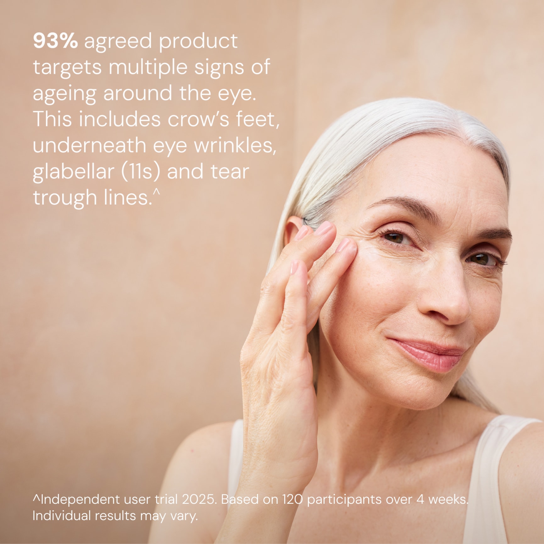 Smiling older woman gently touching the skin beside her eye, illustrating results of an ELEMIS eye product. On-image text: “93% agreed product targets multiple signs of ageing around the eye… crow’s feet, underneath eye wrinkles, glabellar (11s) and tear trough lines.”