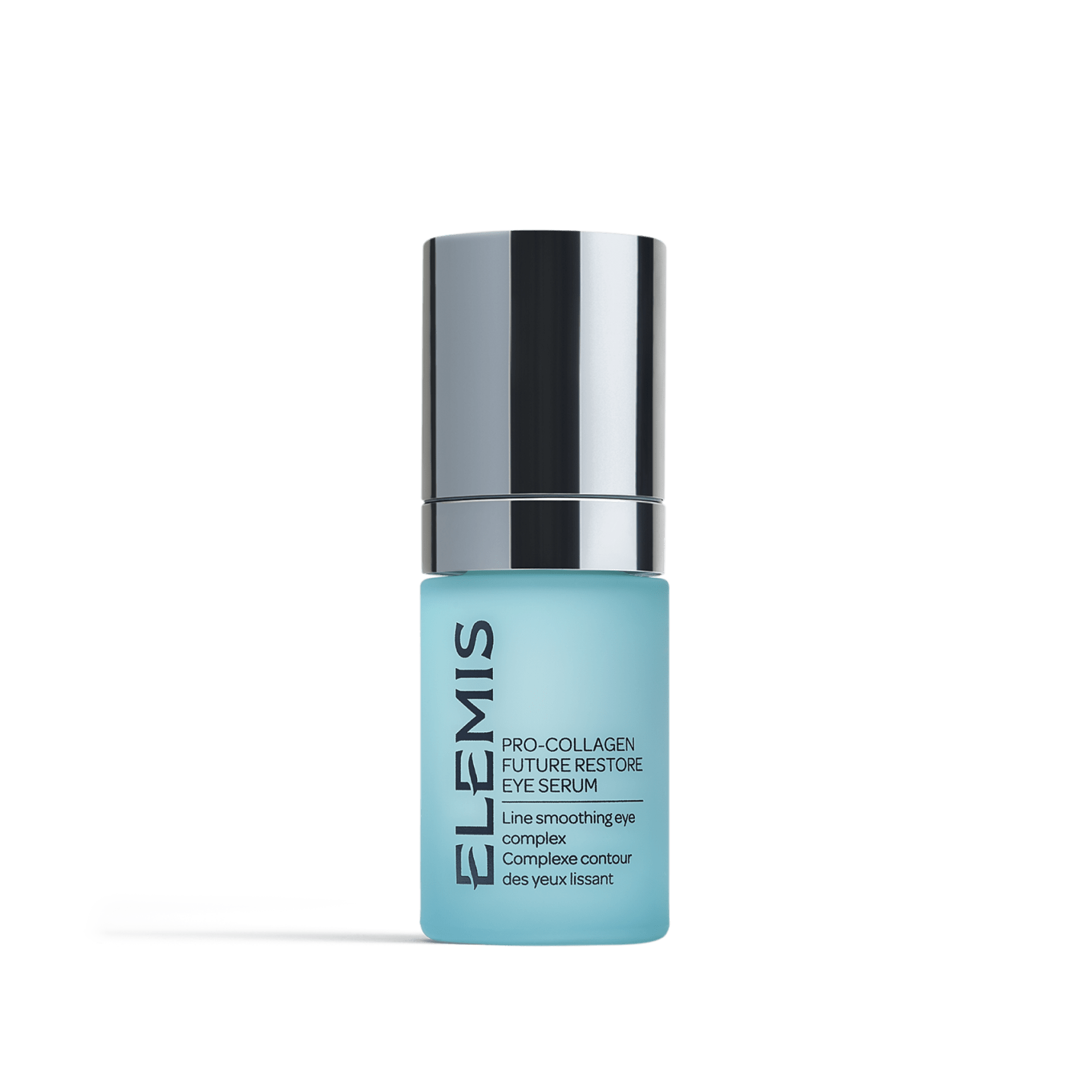 ELEMIS Pro-Collagen Future Restore Eye Serum bottle with metallic pump and turquoise body, shown standing upright on a plain background. Front label reads: "Line smoothing eye complex / Complexe contour des yeux lissant".