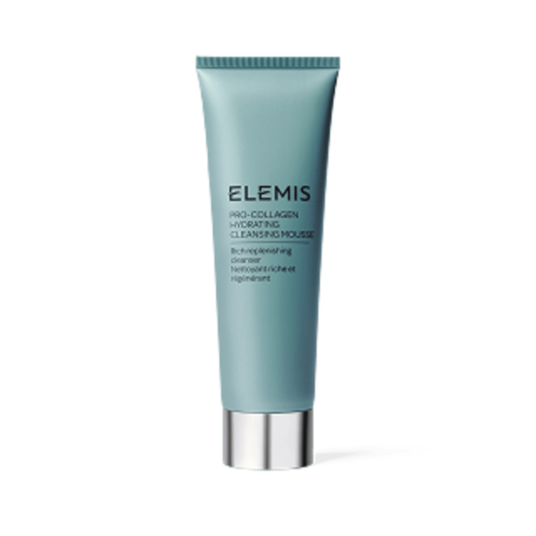 Blue-green tube of Elemis Pro-Collagen Hydrating Cleansing Mousse.