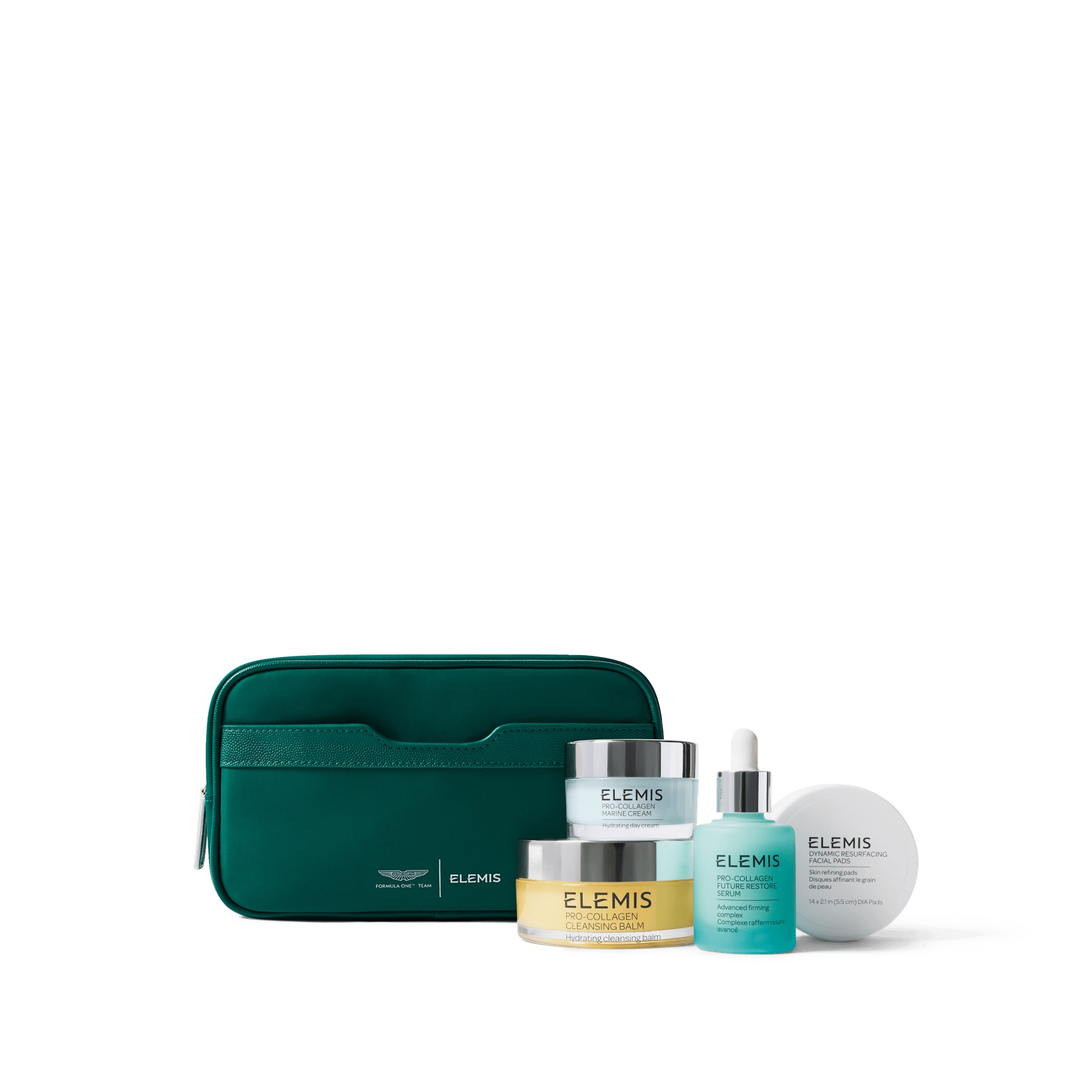 A dark teal toiletry bag sits behind an Elemis skincare set including jars and bottles of various products.