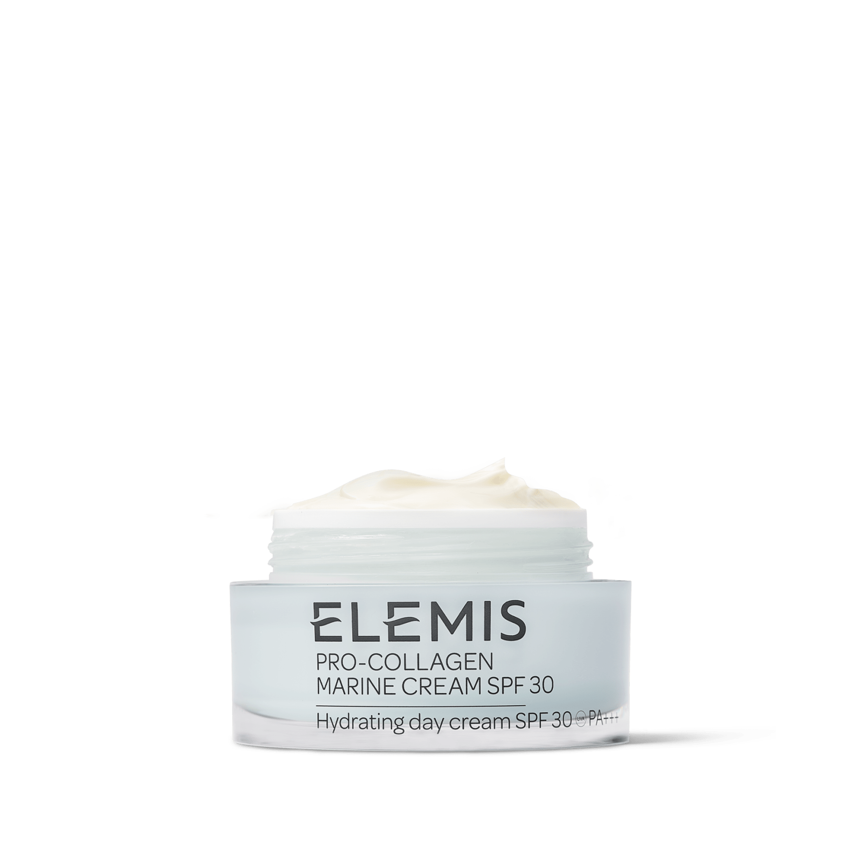 Open jar of Elemis Pro-Collagen Marine Cream SPF 30 Hydrating Day Cream.