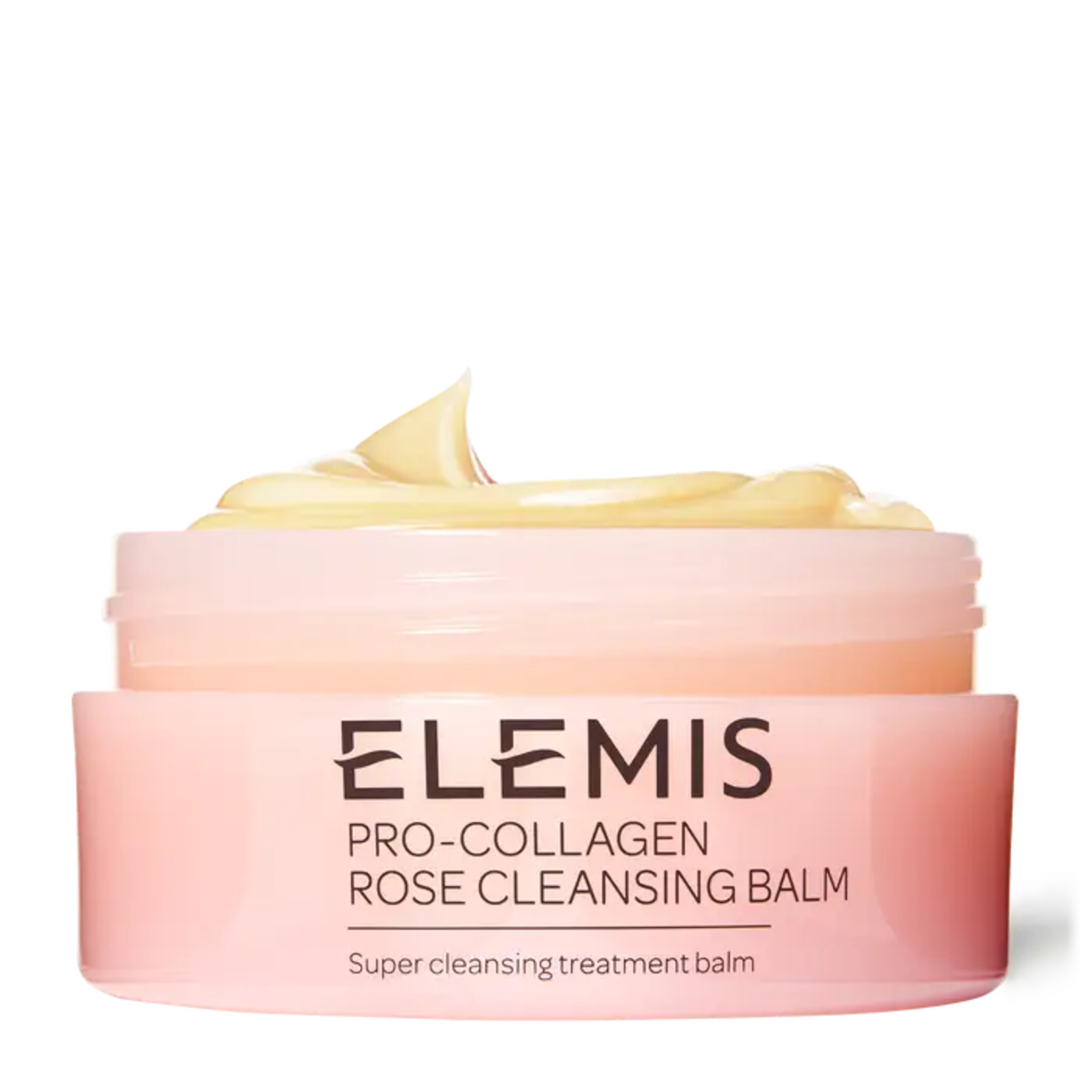 Open light pink jar of Elemis Pro-Collagen Rose Cleansing Balm with creamy yellow product visible.