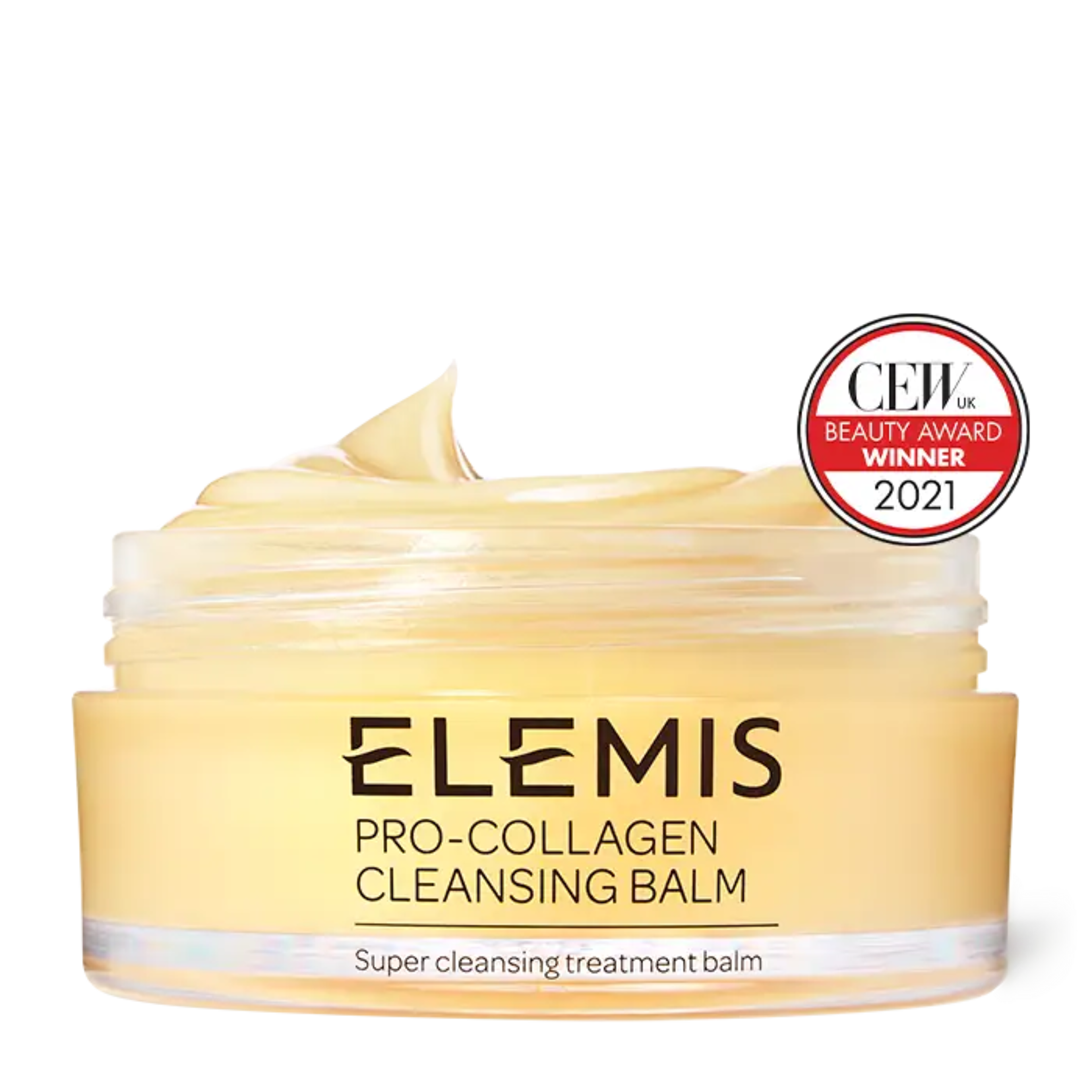 Elemis Pro-Collagen Cleansing Balm in a jar with a swirl of product and a CEW UK Beauty Award Winner 2021 badge.