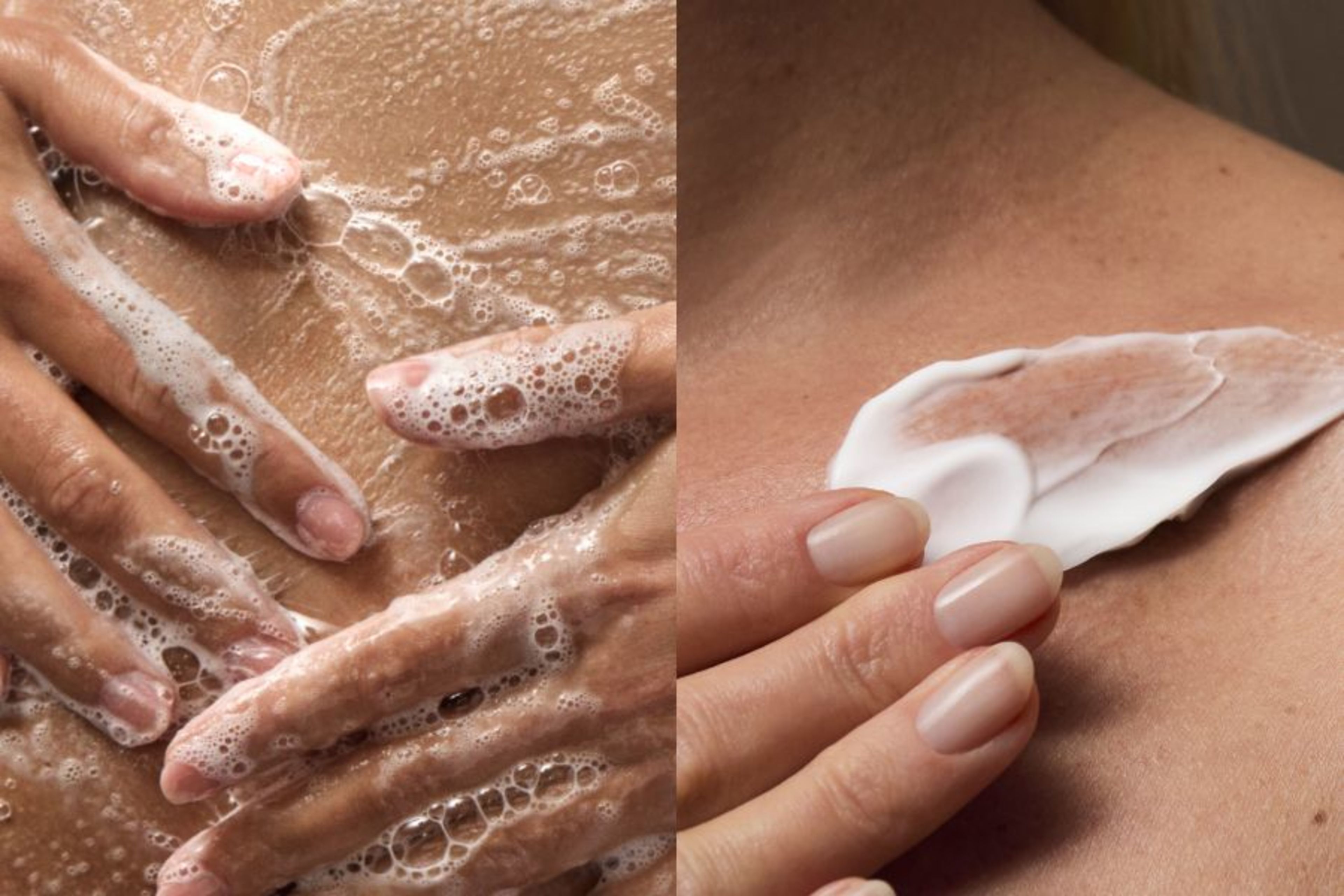 Hands holding an Elemis Pro-Collagen Body Cleansing Balm bottle under falling water droplets.