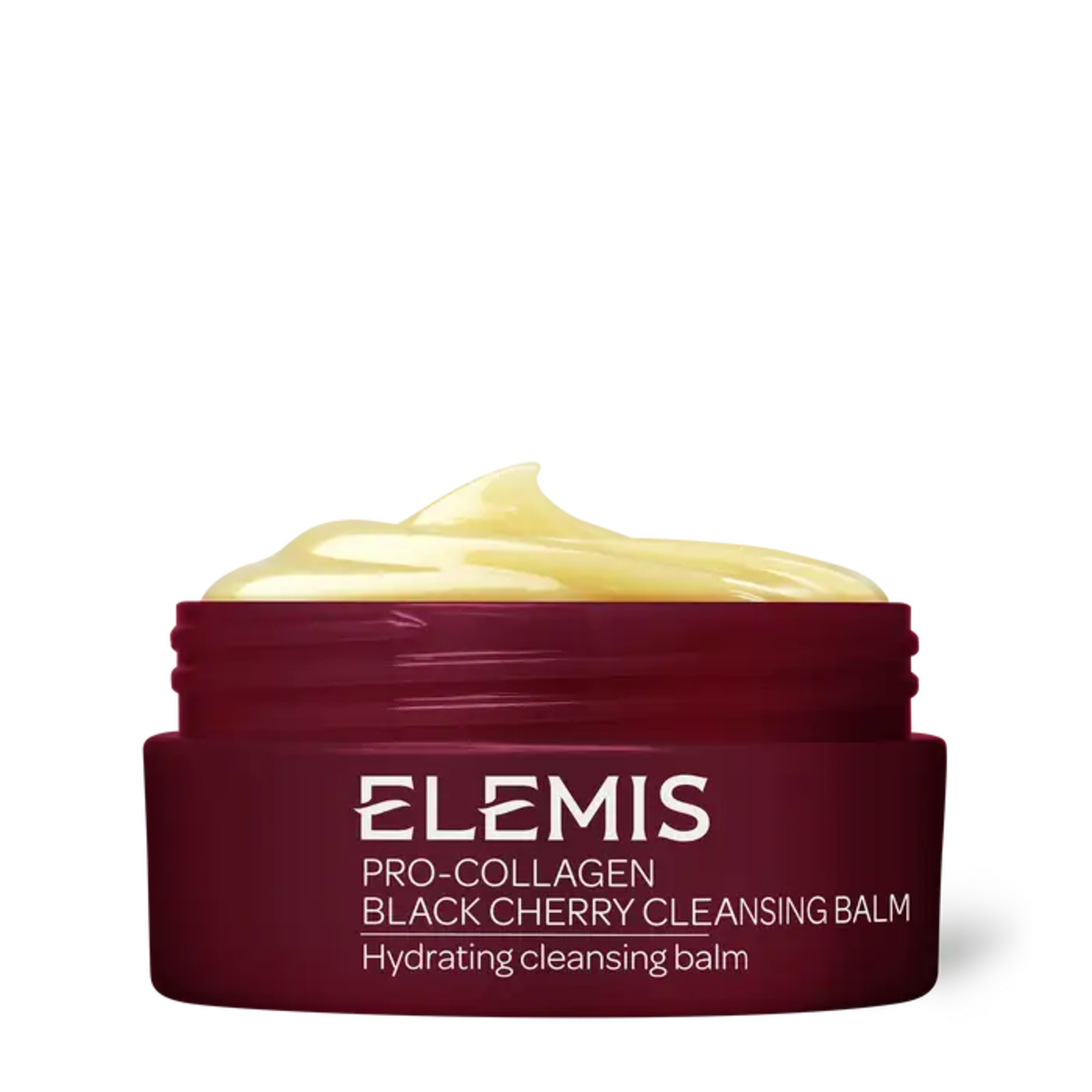 A dark red jar of Elemis Pro-Collagen Black Cherry Cleansing Balm with a yellow swirl of product.