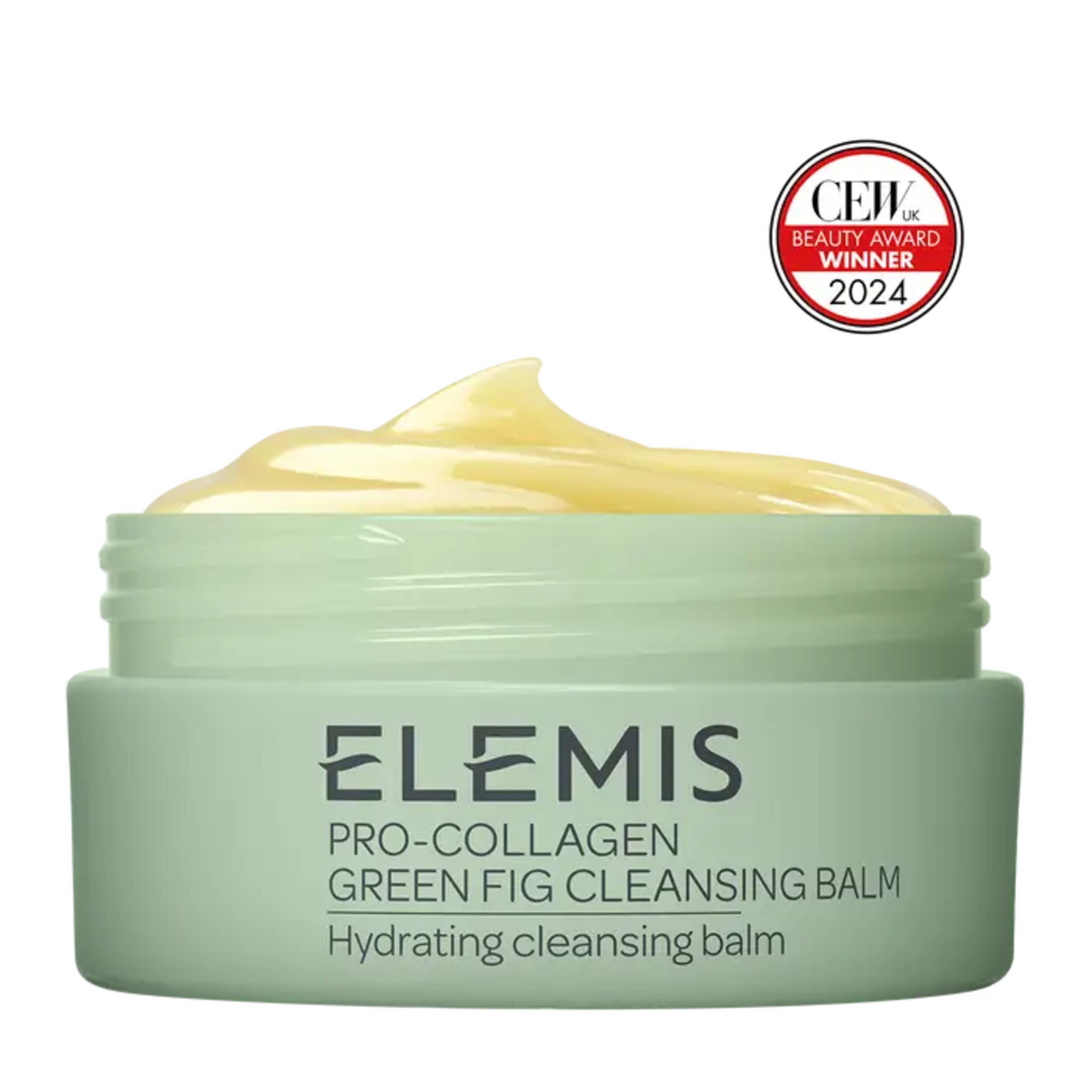 Elemis Pro-Collagen Green Fig Cleansing Balm in a light green jar with visible yellow balm, awarded CEW UK Beauty Winner 2024.