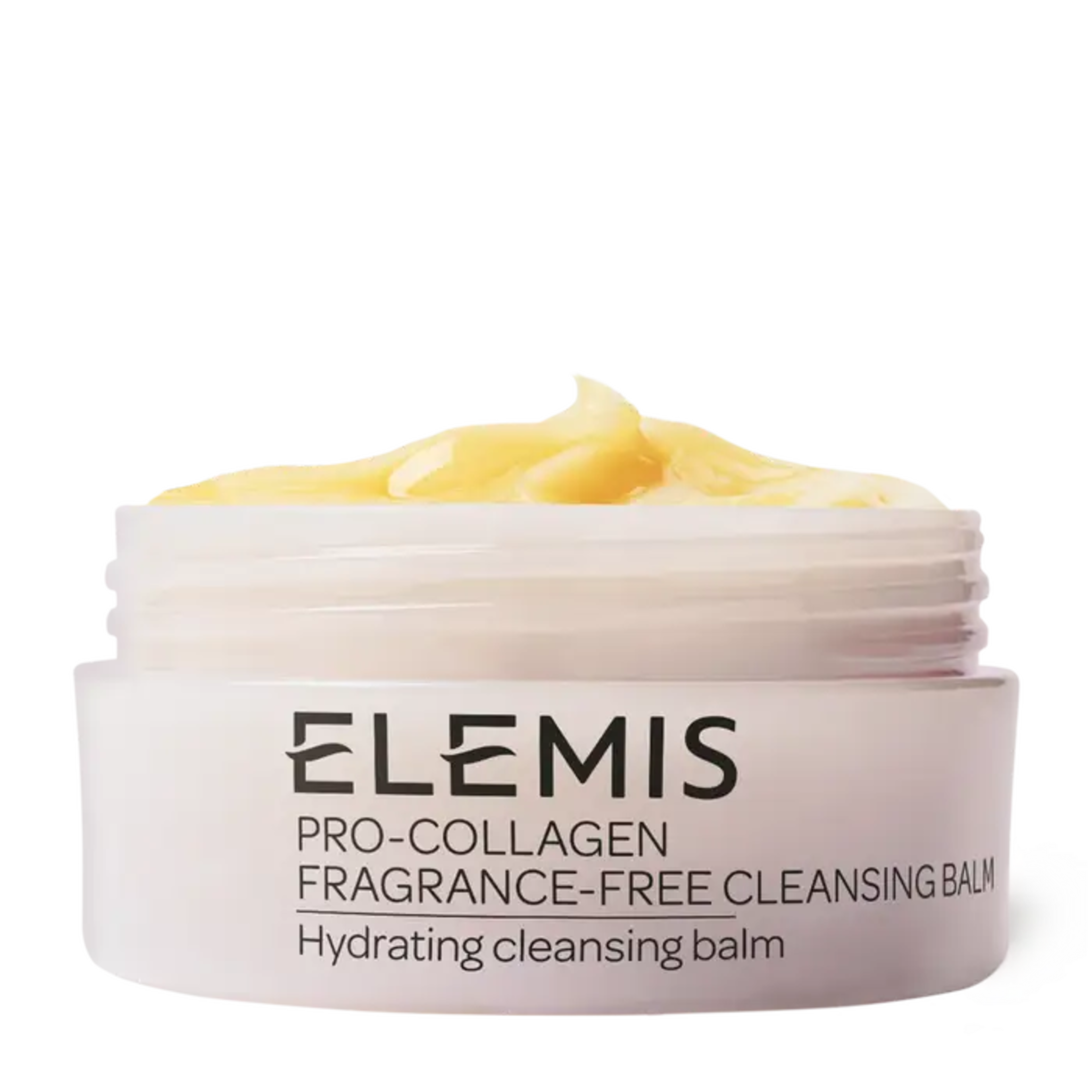 Open jar of Elemis Pro-Collagen Fragrance-Free Cleansing Balm with yellow product visible.