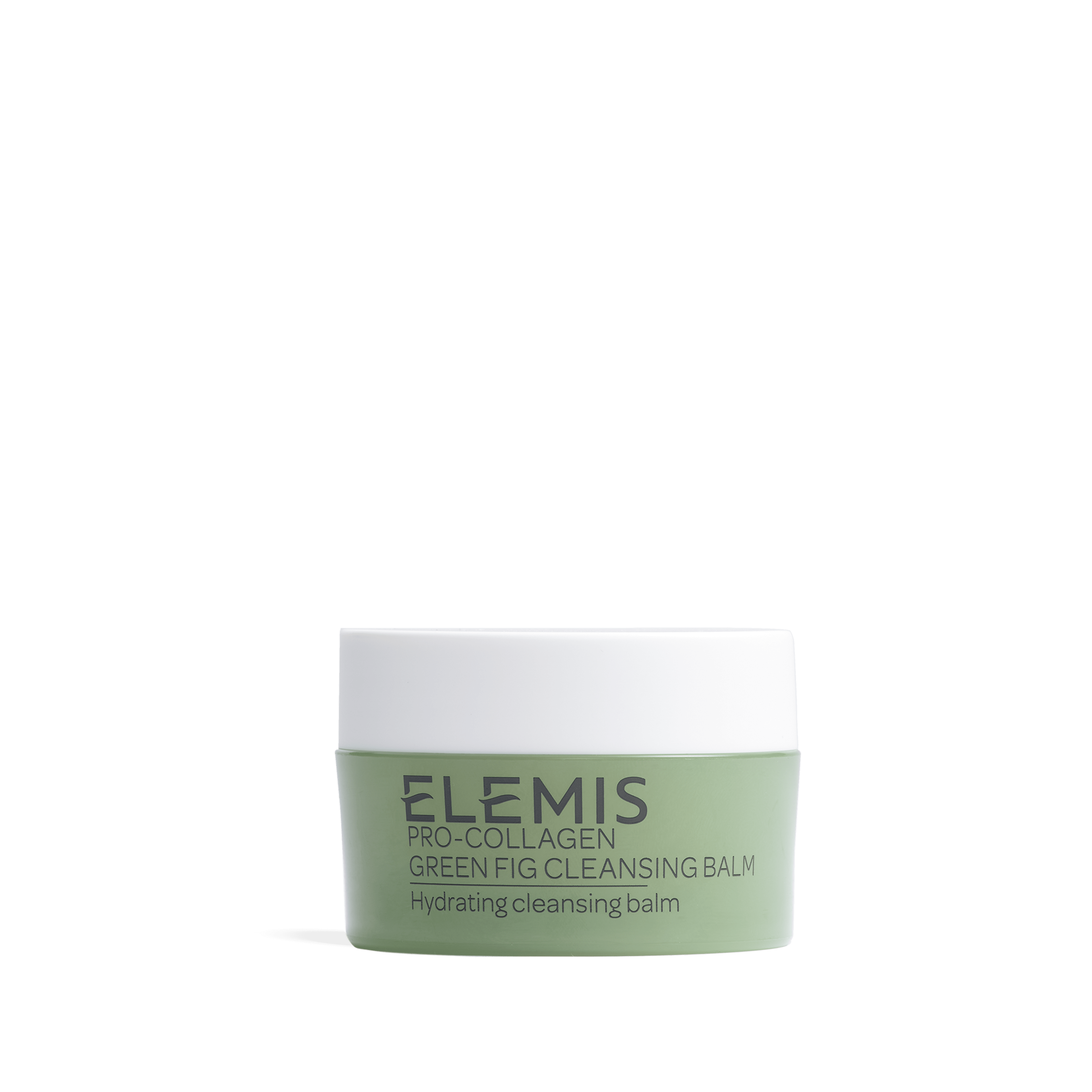 ELEMIS Pro-Collagen Green Fig Cleansing Balm jar with white lid on a plain background, labelled as a hydrating cleansing balm.