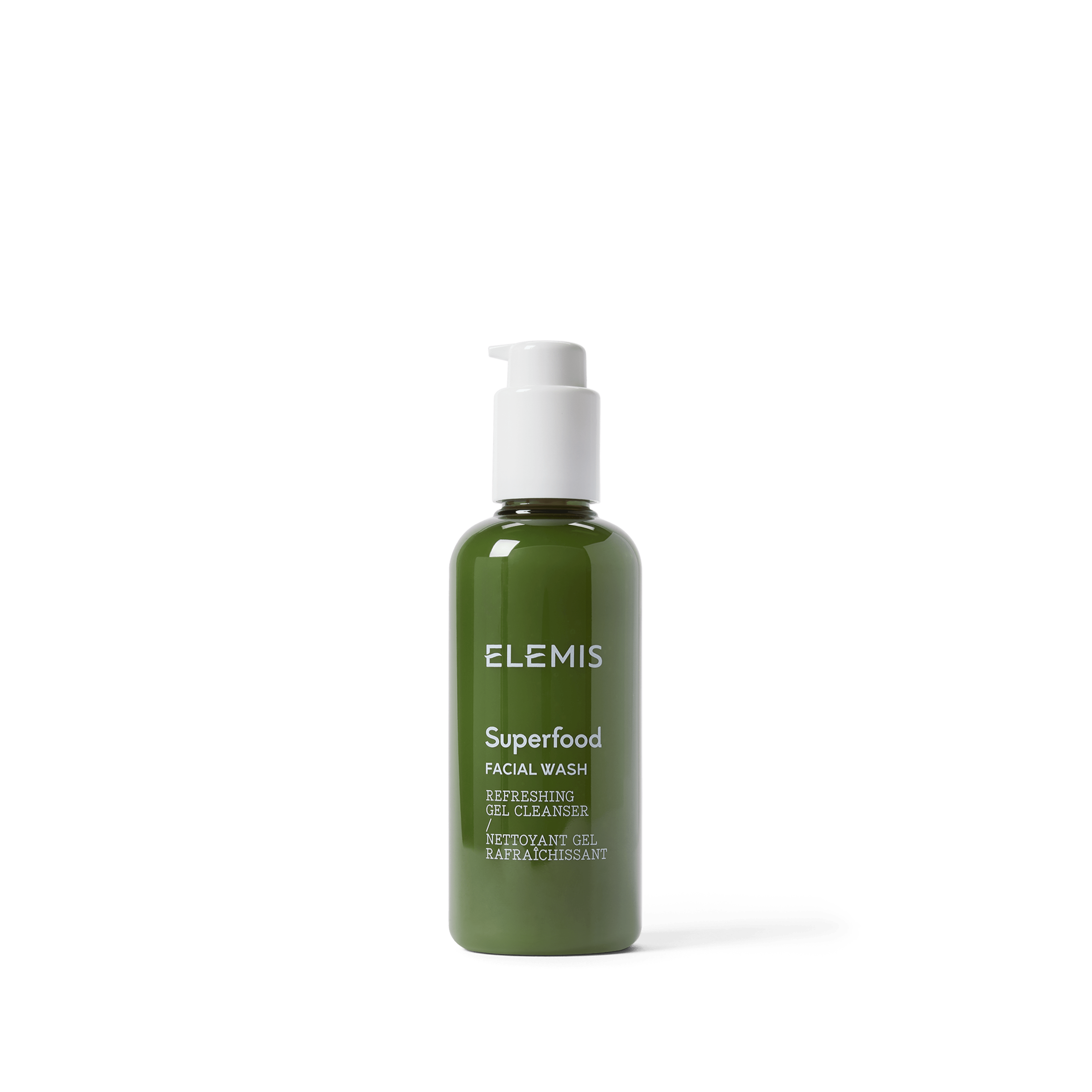 ELEMIS Superfood Facial Wash bottle with pump dispenser against a plain green background, labelled as a refreshing gel cleanser.