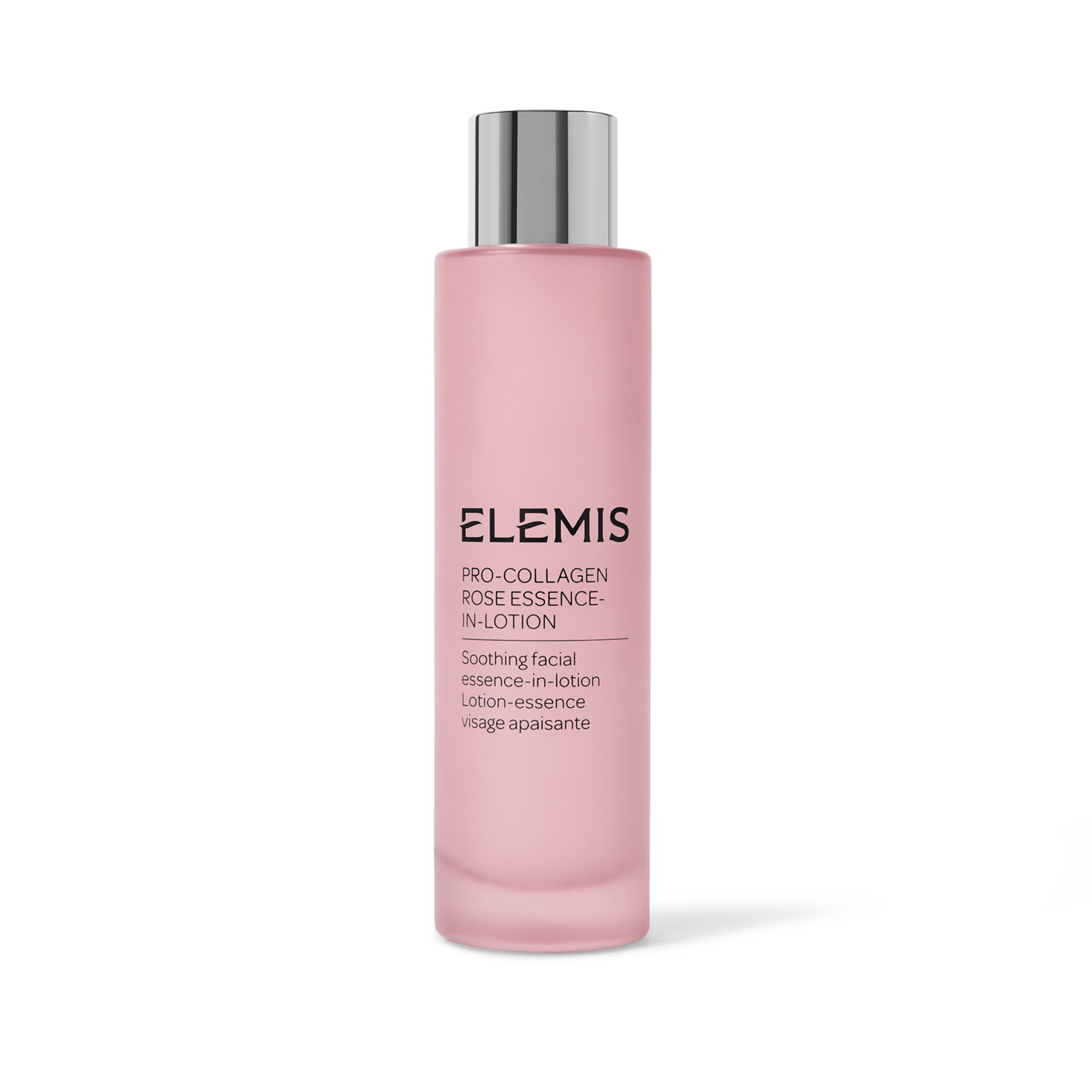 ELEMIS Pro-Collagen Rose Essence-In-Lotion in a tall frosted pink bottle with silver cap, described as a soothing facial essence-in-lotion.