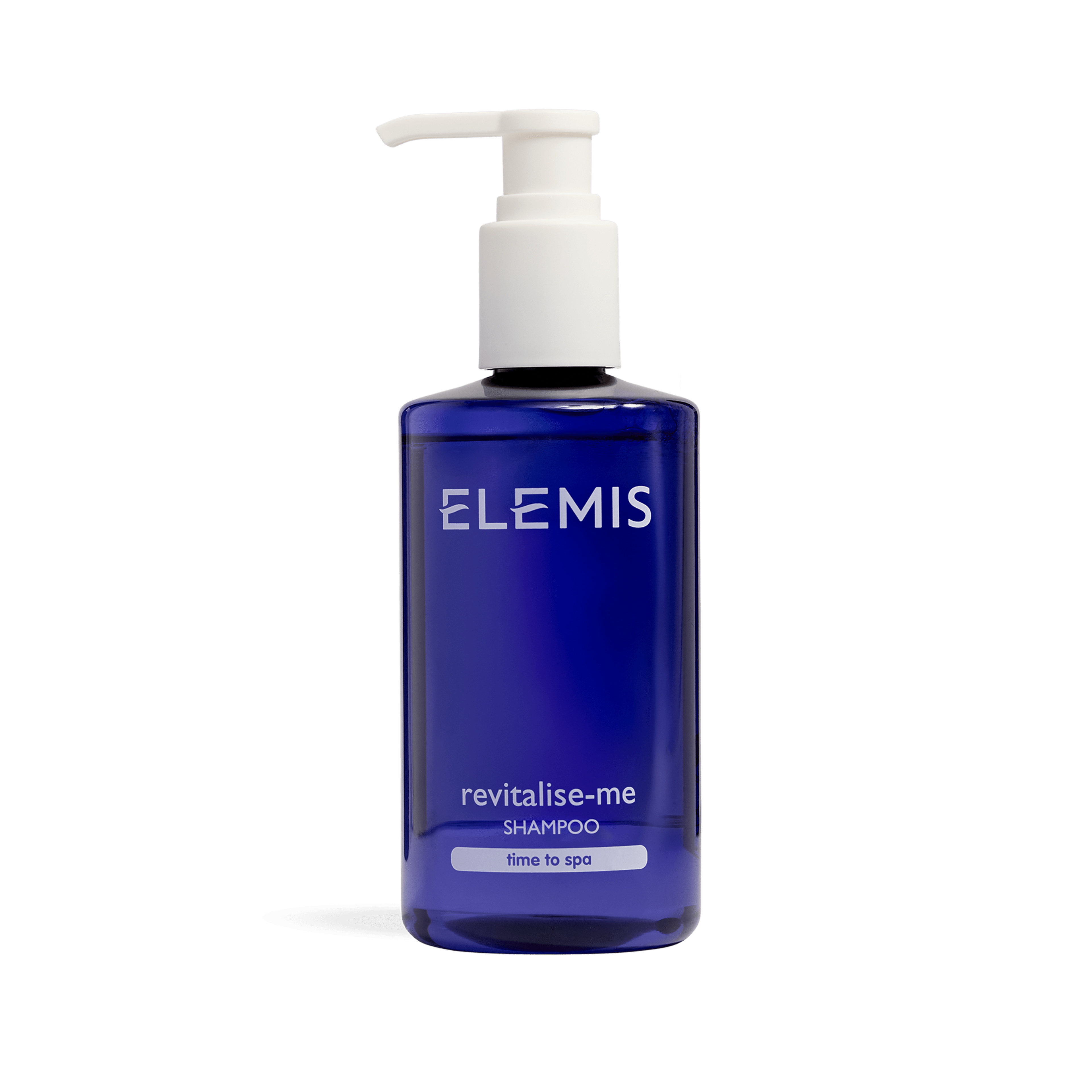 ELEMIS Revitalise-Me Shampoo bottle with pump dispenser, deep blue with white text and a small label reading "time to spa", shown on a plain background.