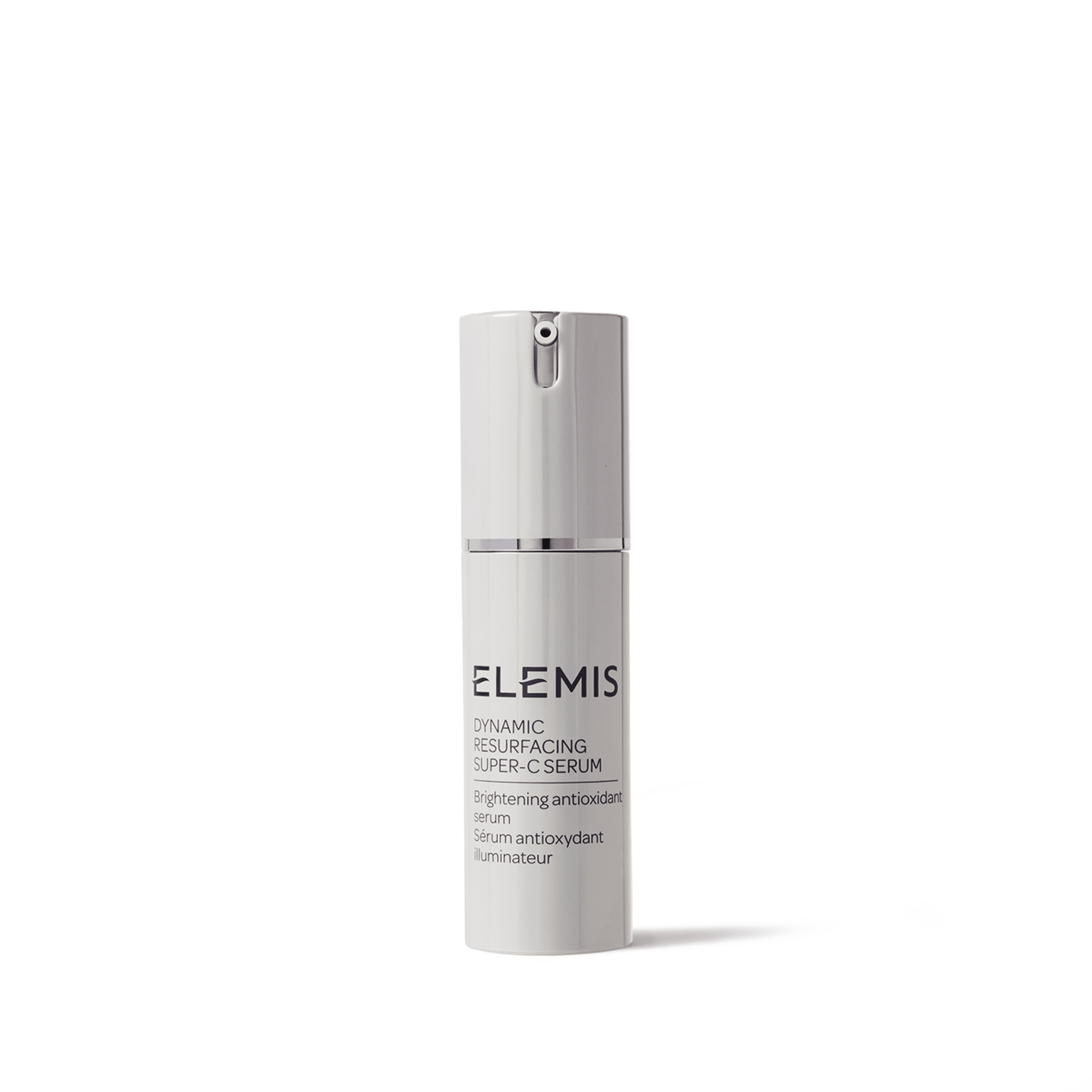 ELEMIS Dynamic Resurfacing Super-C Serum bottle with text reading “Brightening antioxidant serum / Sérum antioxidant illuminateur” on a white background.