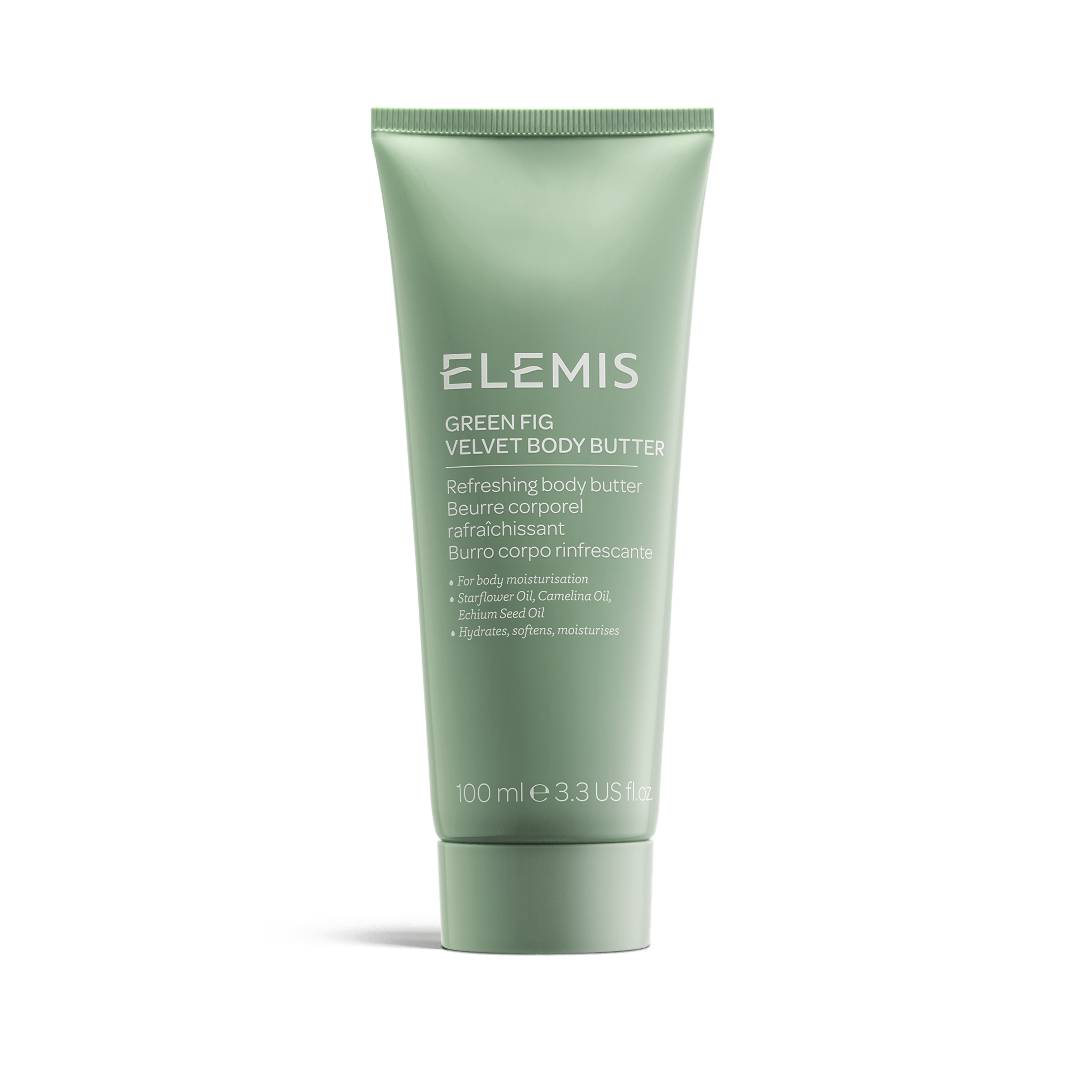 ELEMIS Green Fig Velvet Body Butter tube, 100ml, in soft green packaging. Text notes “refreshing body butter” for body moisturisation with starflower oil, camelina oil and echium seed oil, and that it hydrates, softens and moisturises.