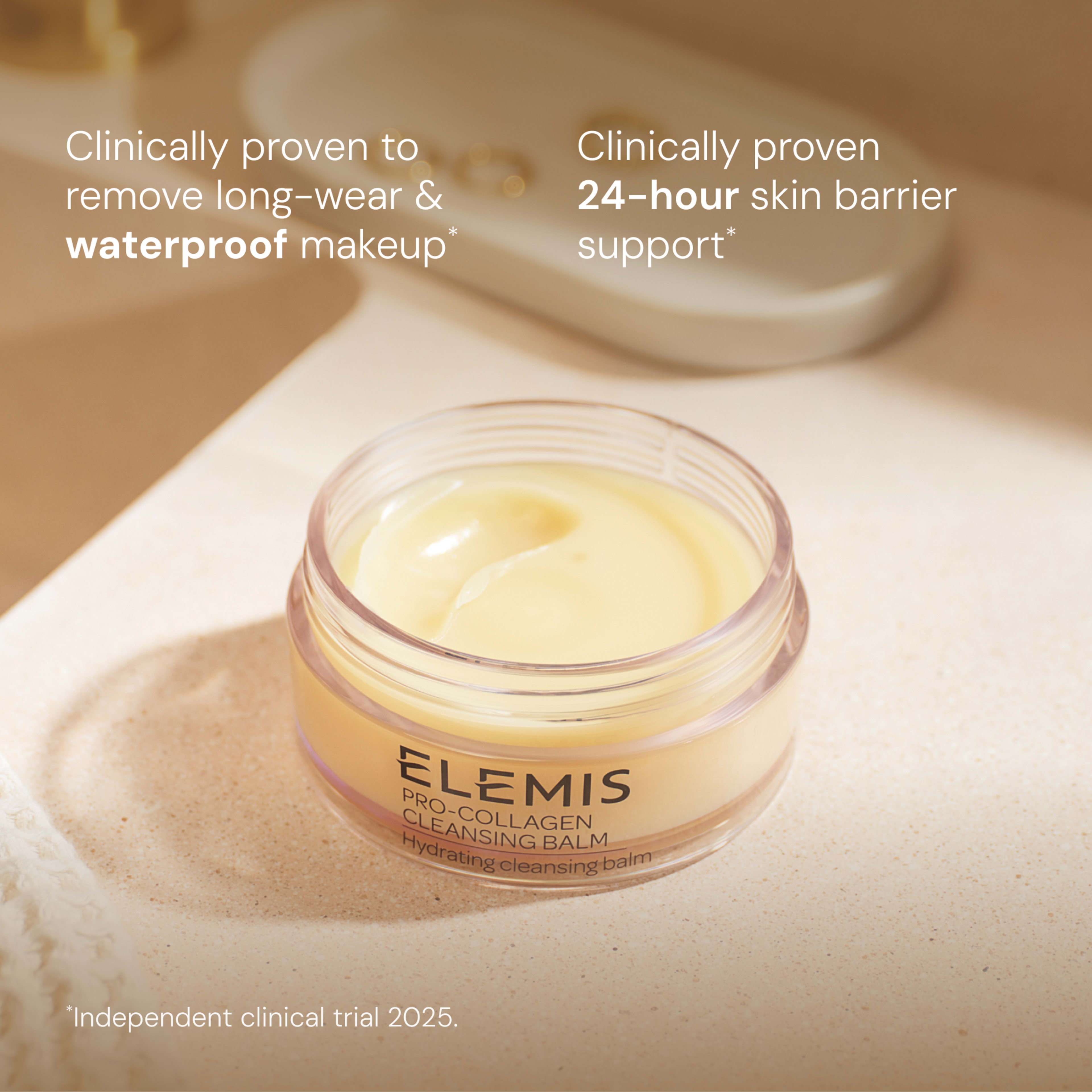 ELEMIS Pro-Collagen Cleansing Balm jar on a bathroom counter with creamy yellow balm inside. Text reads: “Clinically proven to remove long-wear & waterproof makeup” and “Clinically proven 24-hour skin barrier support”, with note “Independent clinical trial 2025.”