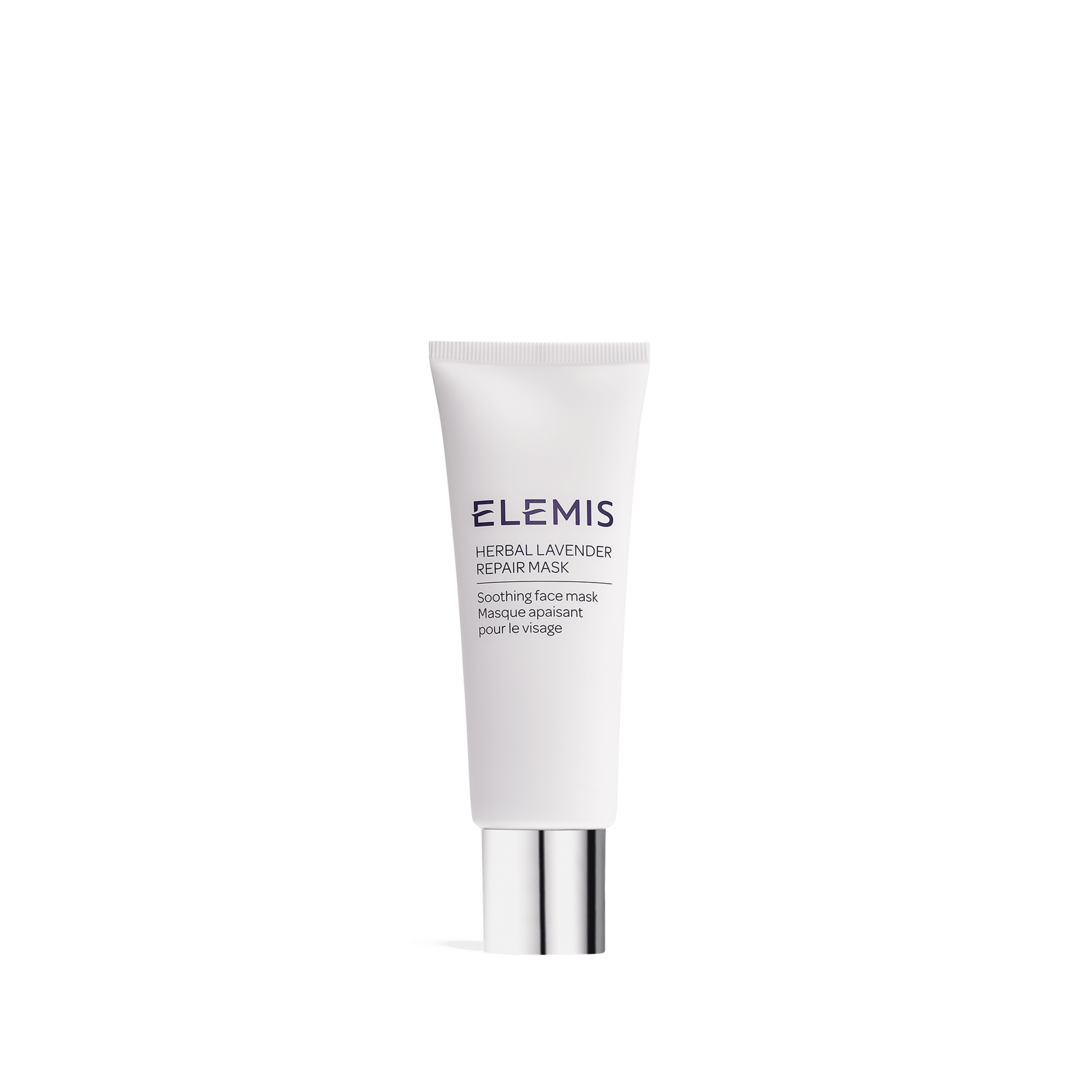 ELEMIS Herbal Lavender Repair Mask white tube with silver cap on a plain background, labelled as a soothing face mask.