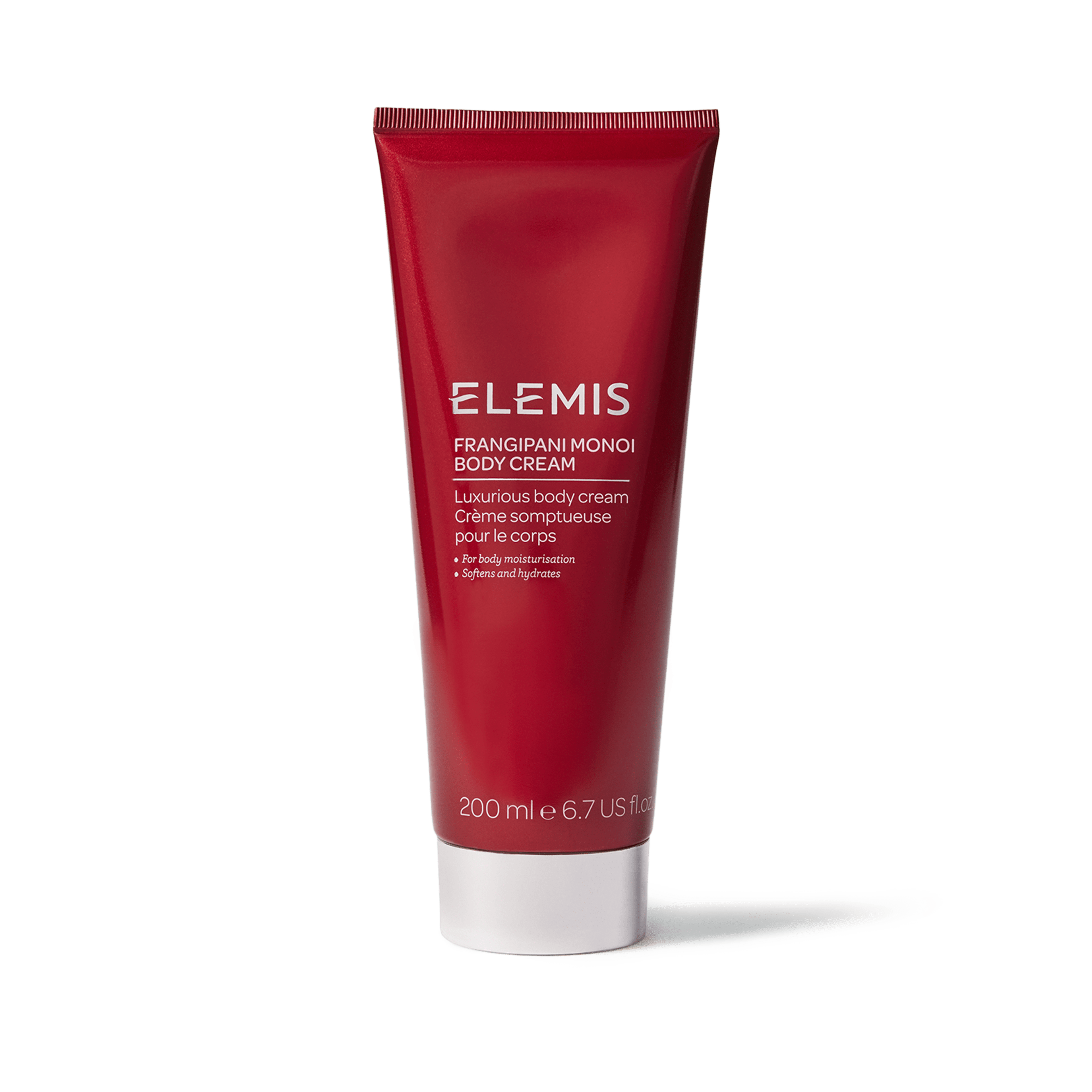 ELEMIS Frangipani Monoi Body Cream tube, 200ml, described as a luxurious body cream for body moisturisation that softens and hydrates the skin.
