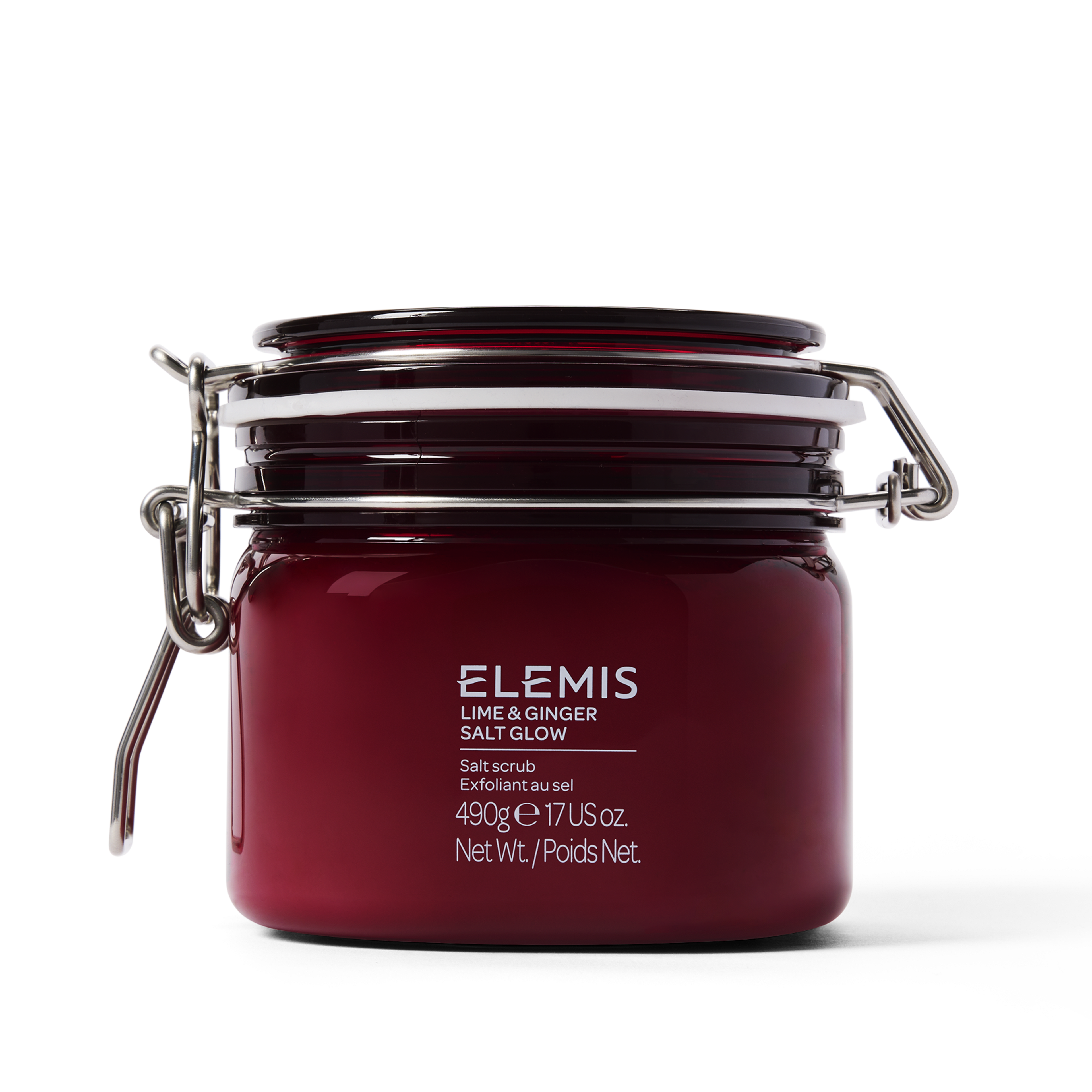 ELEMIS Lime & Ginger Salt Glow salt scrub in a deep red 490g jar with metal clip-top lid, shown against a plain background.