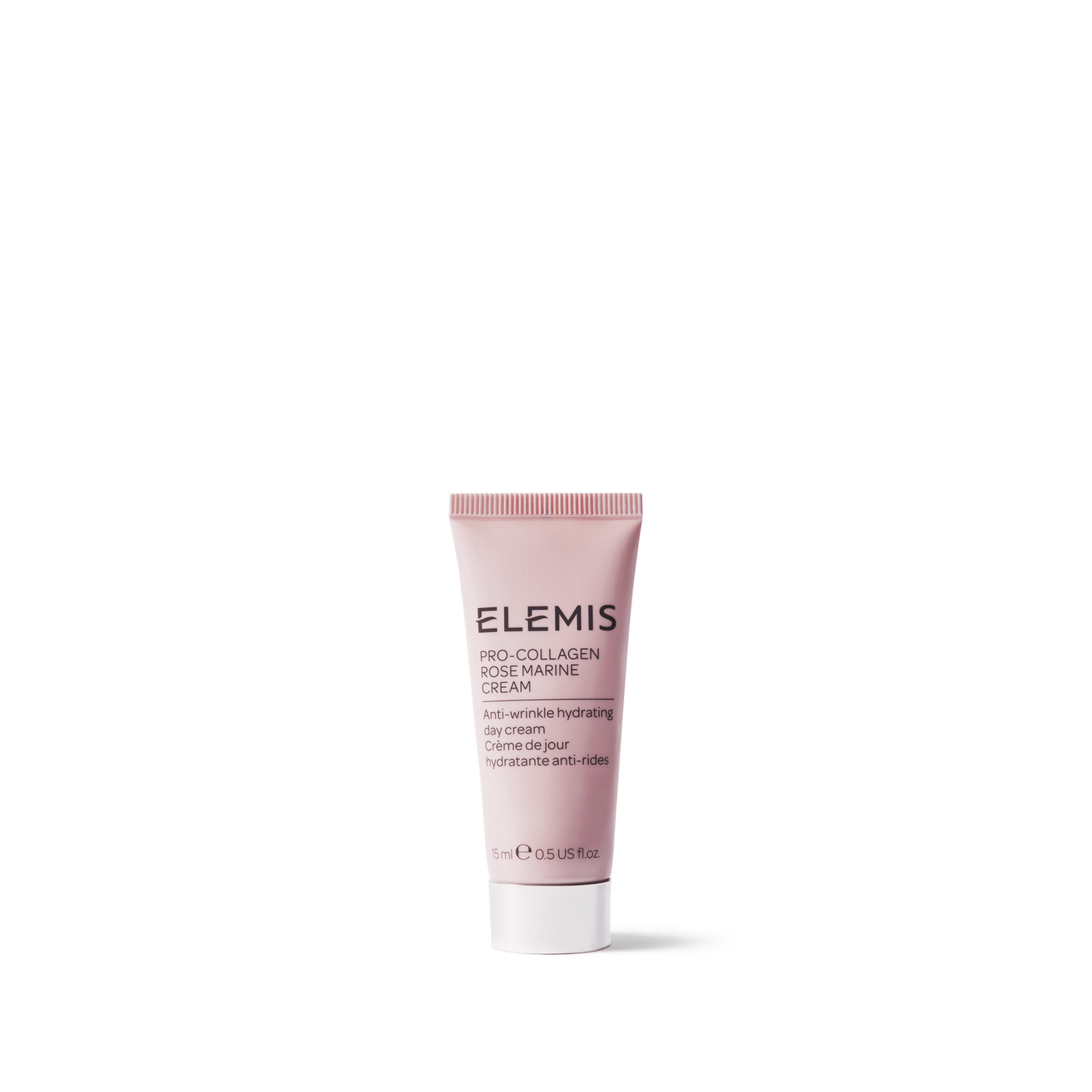 ELEMIS Pro-Collagen Rose Marine Cream 15ml travel-size tube standing upright on a plain background, showing anti-wrinkle hydrating day cream labelling in English and French.