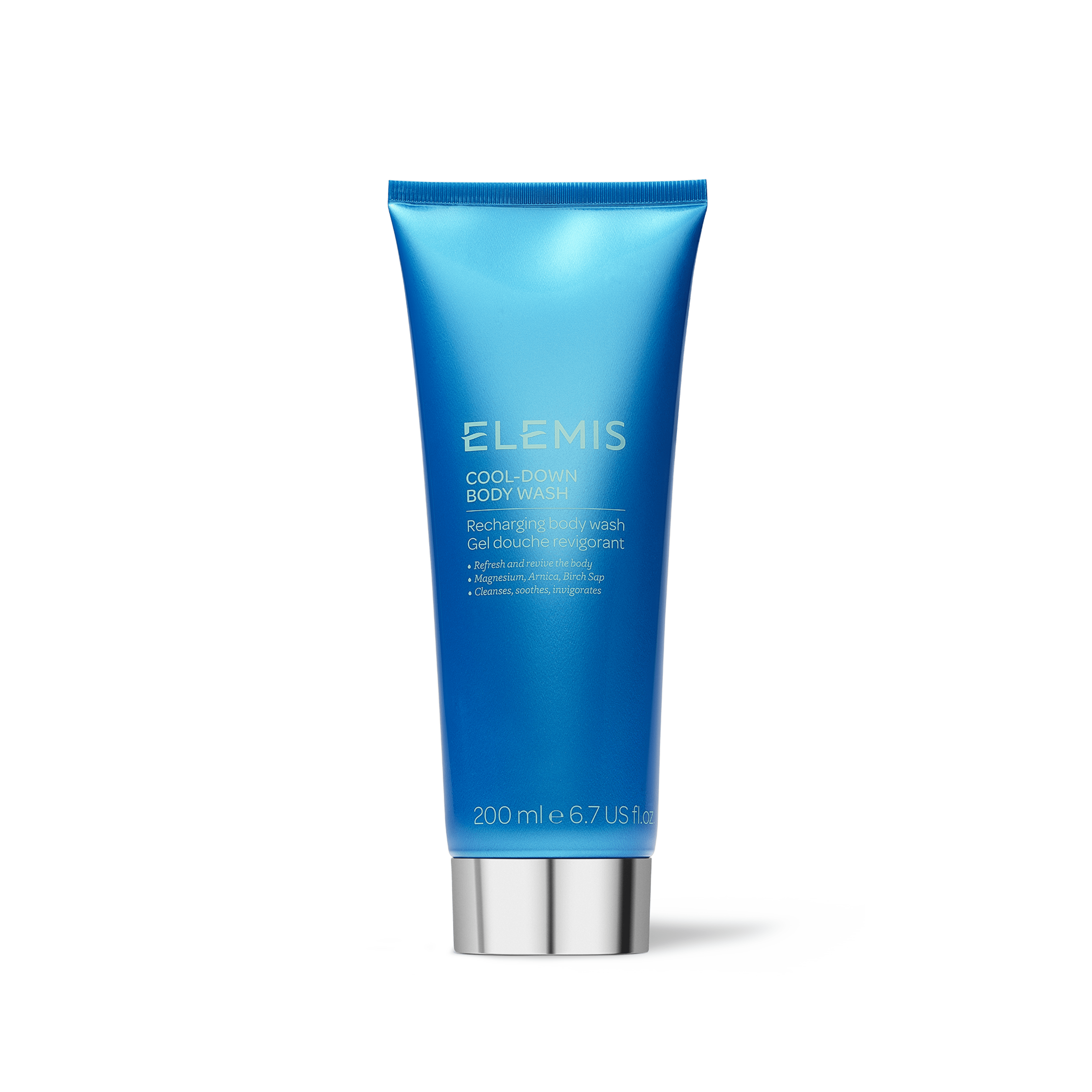 ELEMIS Cool-Down Body Wash in a metallic blue 200ml tube with silver cap, described as a recharging body wash to refresh and revive the body.