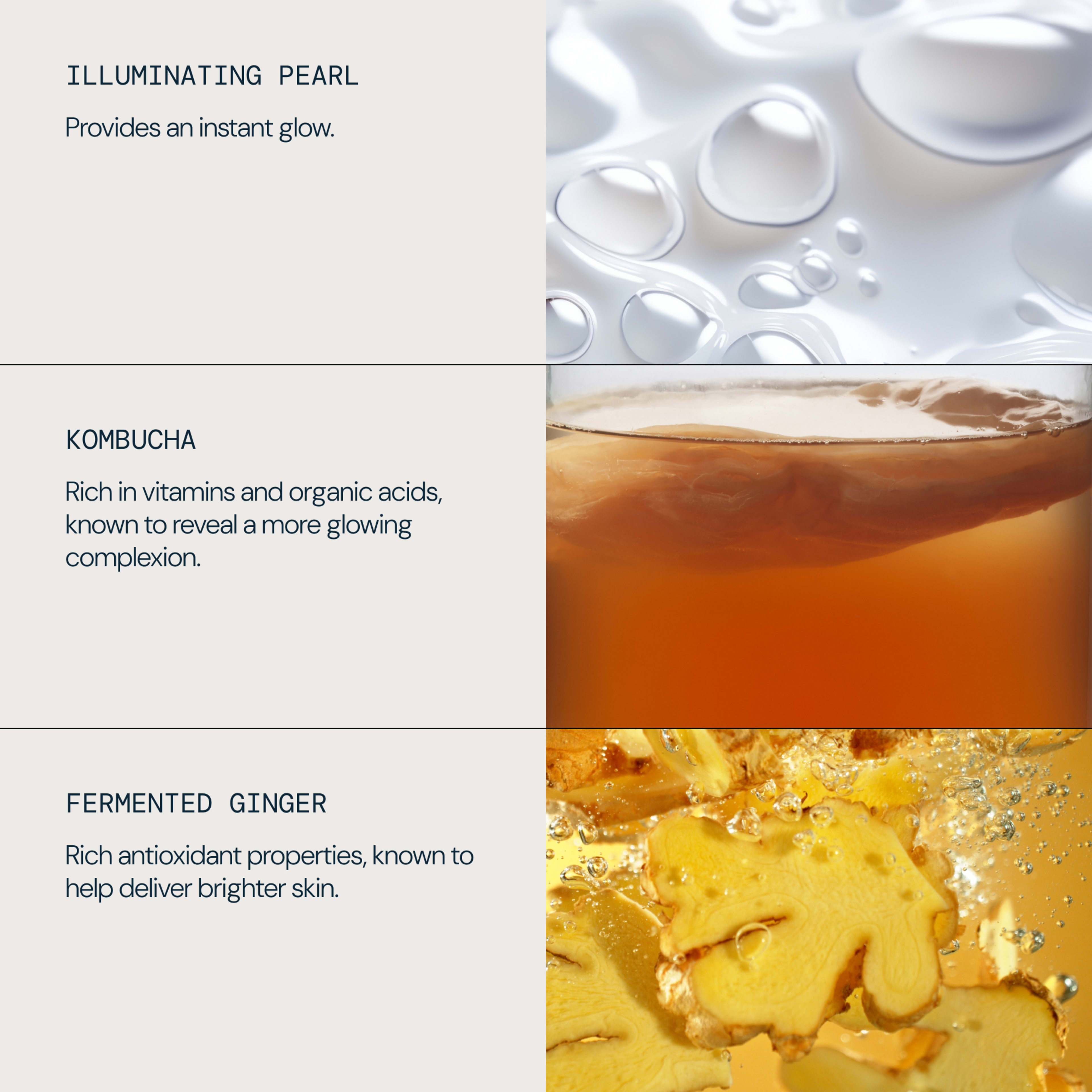 Graphic showing three key skincare ingredients: illuminating pearl “provides an instant glow”; kombucha “rich in vitamins and organic acids, known to reveal a more glowing complexion”; fermented ginger “rich antioxidant properties, known to help deliver brighter skin”.