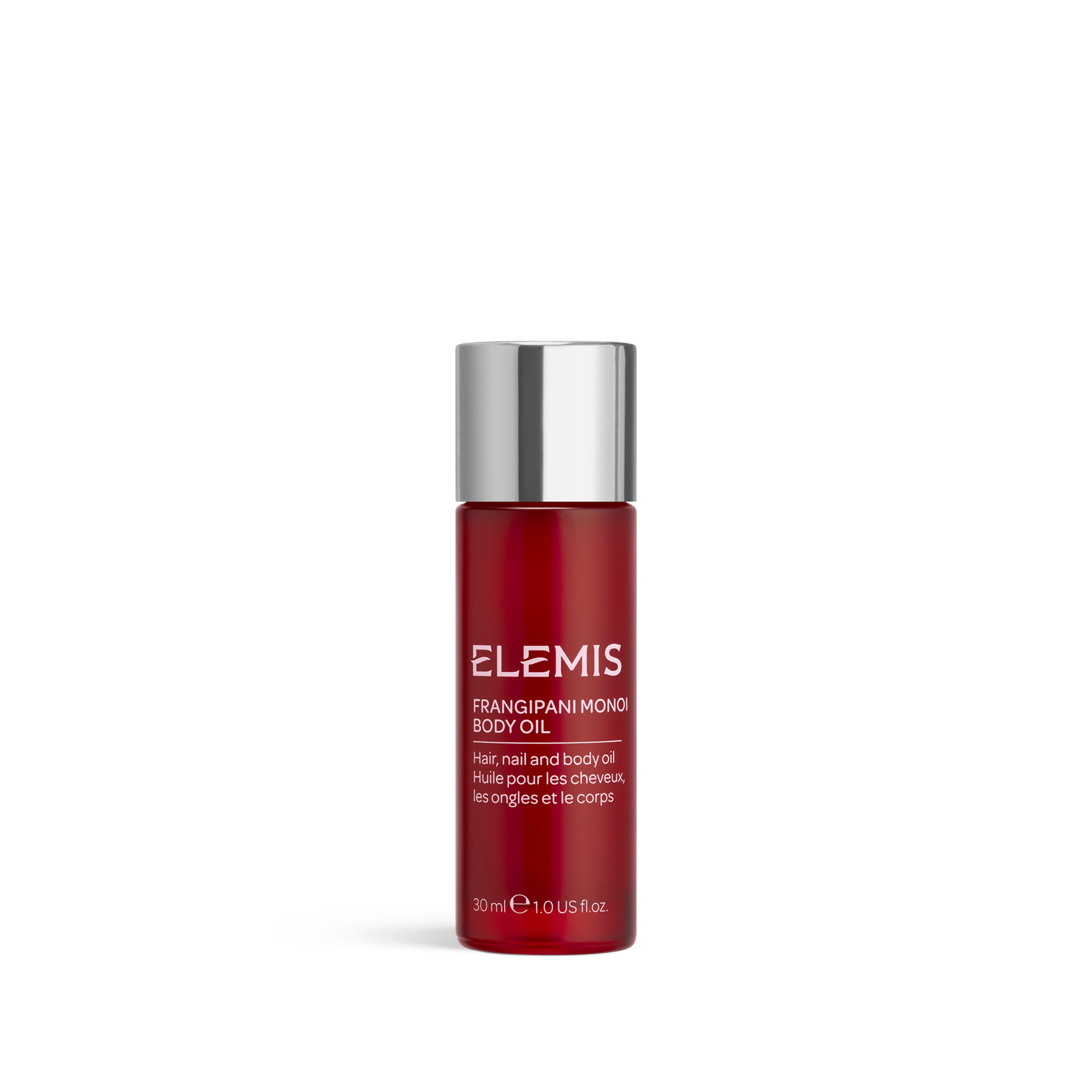 ELEMIS Frangipani Monoi Body Oil, 30ml bottle with silver cap, labelled for hair, nail and body use.