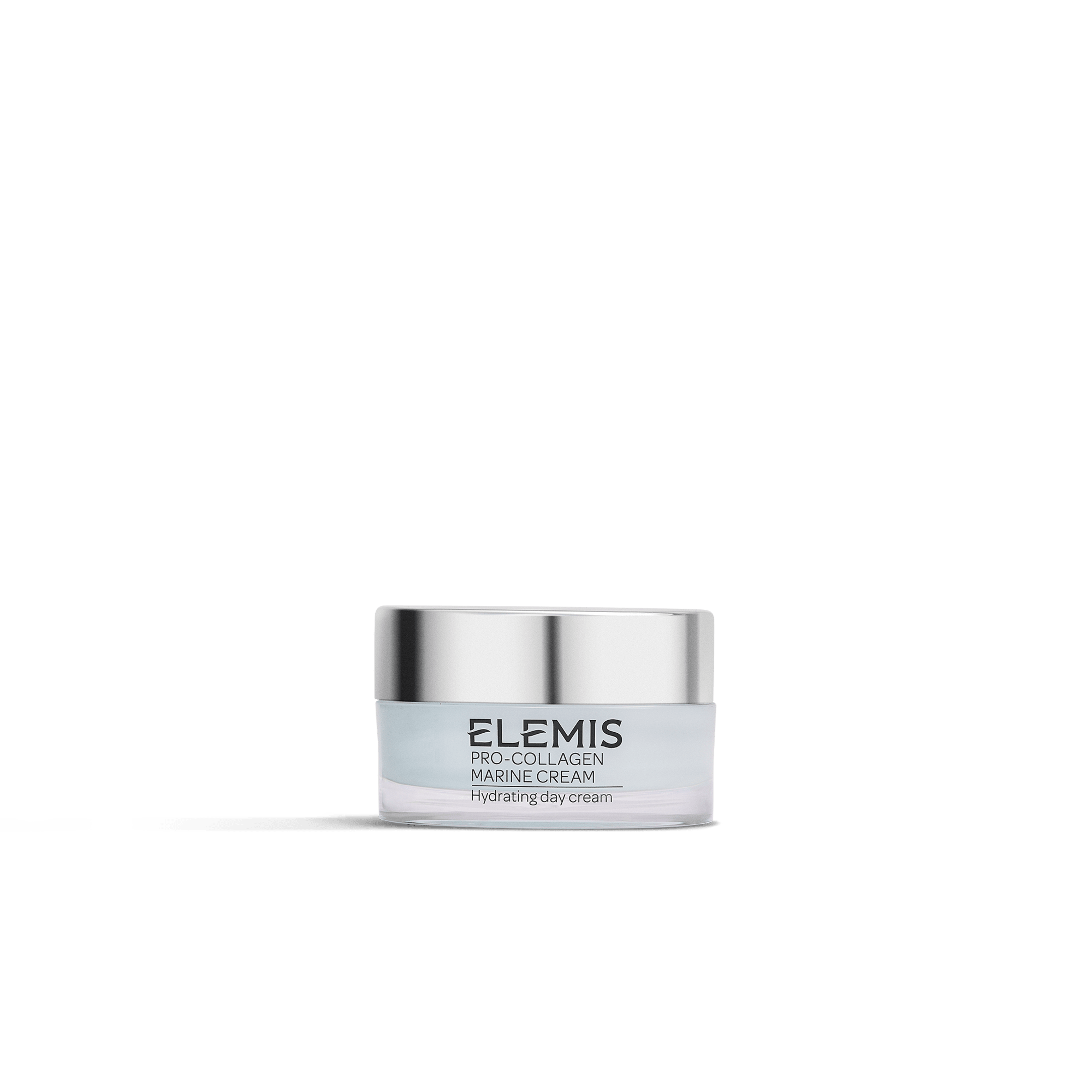 ELEMIS Pro-Collagen Marine Cream Hydrating Day Cream in a small frosted jar with a shiny silver lid, centred on a plain white background.