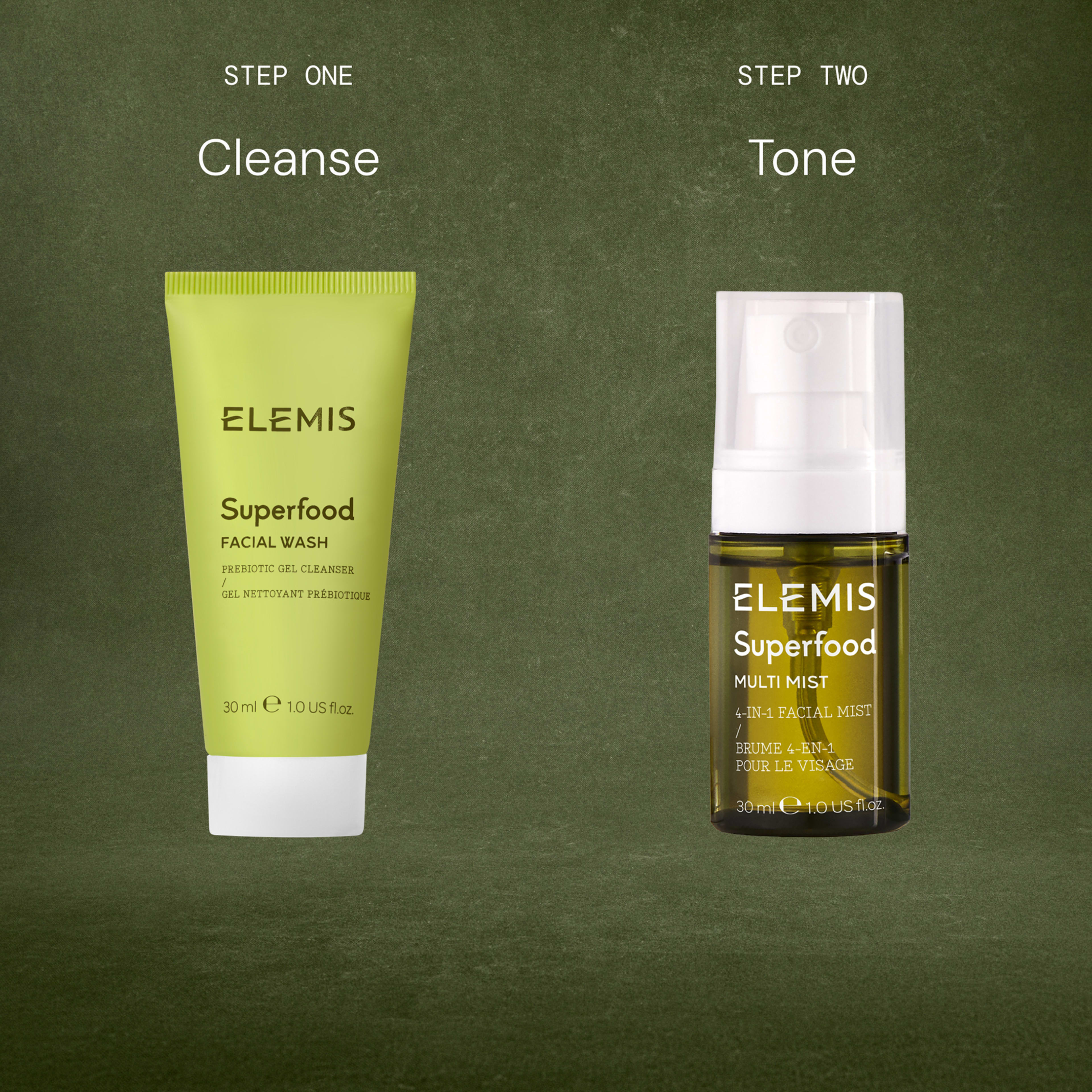 STEP ONE Cleanse with ELEMIS Superfood Facial Wash 30ml; STEP TWO Tone with ELEMIS Superfood Multi Mist 30ml, both shown on a green background as part of a simple two-step skincare routine.