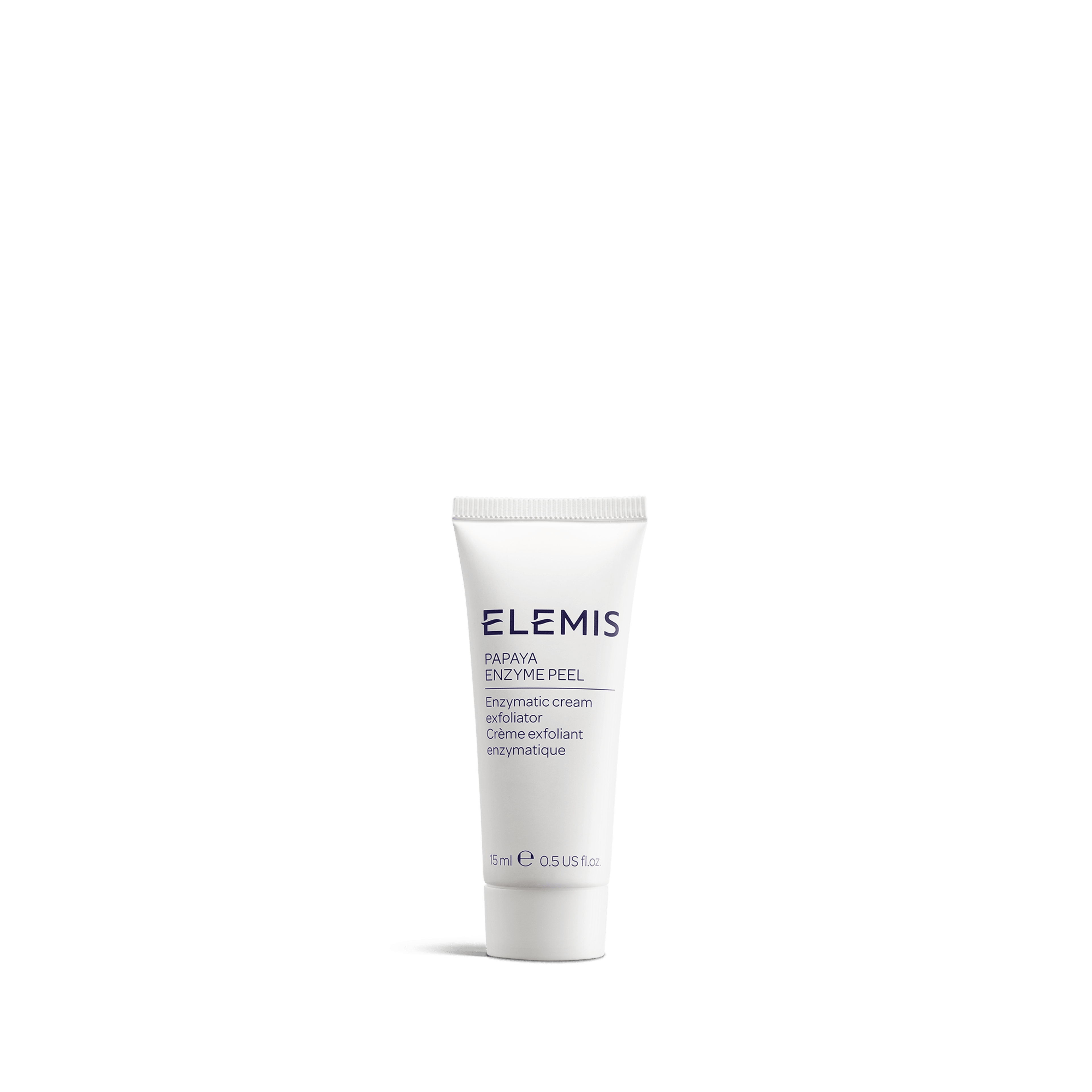 ELEMIS Papaya Enzyme Peel 15ml travel-size white tube standing upright on a plain white background, labelled as an enzymatic cream exfoliator with bilingual English and French text.