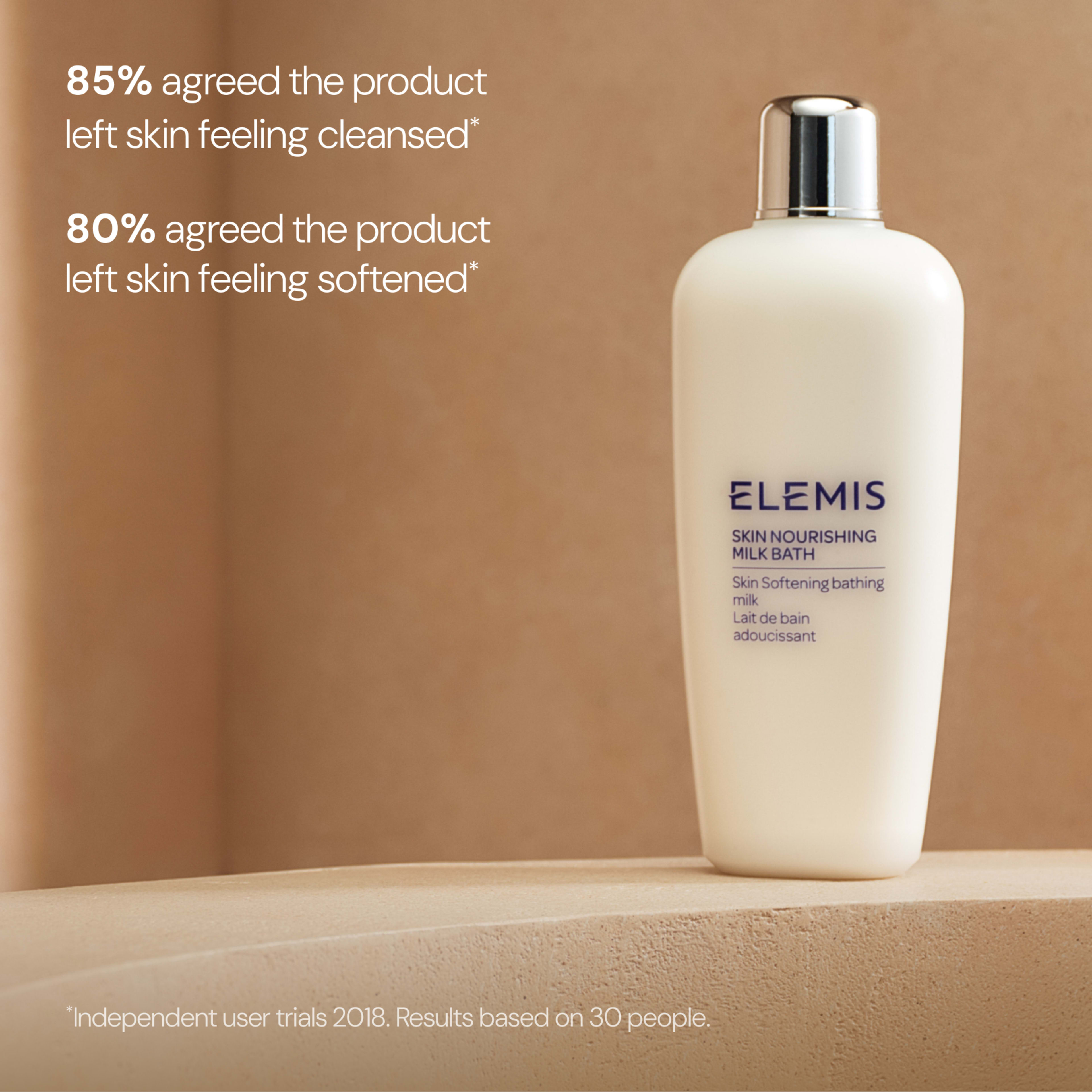 ELEMIS Skin Nourishing Milk Bath bottle on a beige background with on-image claims: “85% agreed the product left skin feeling cleansed” and “80% agreed the product left skin feeling softened”, based on independent user trials in 2018 with 30 people.