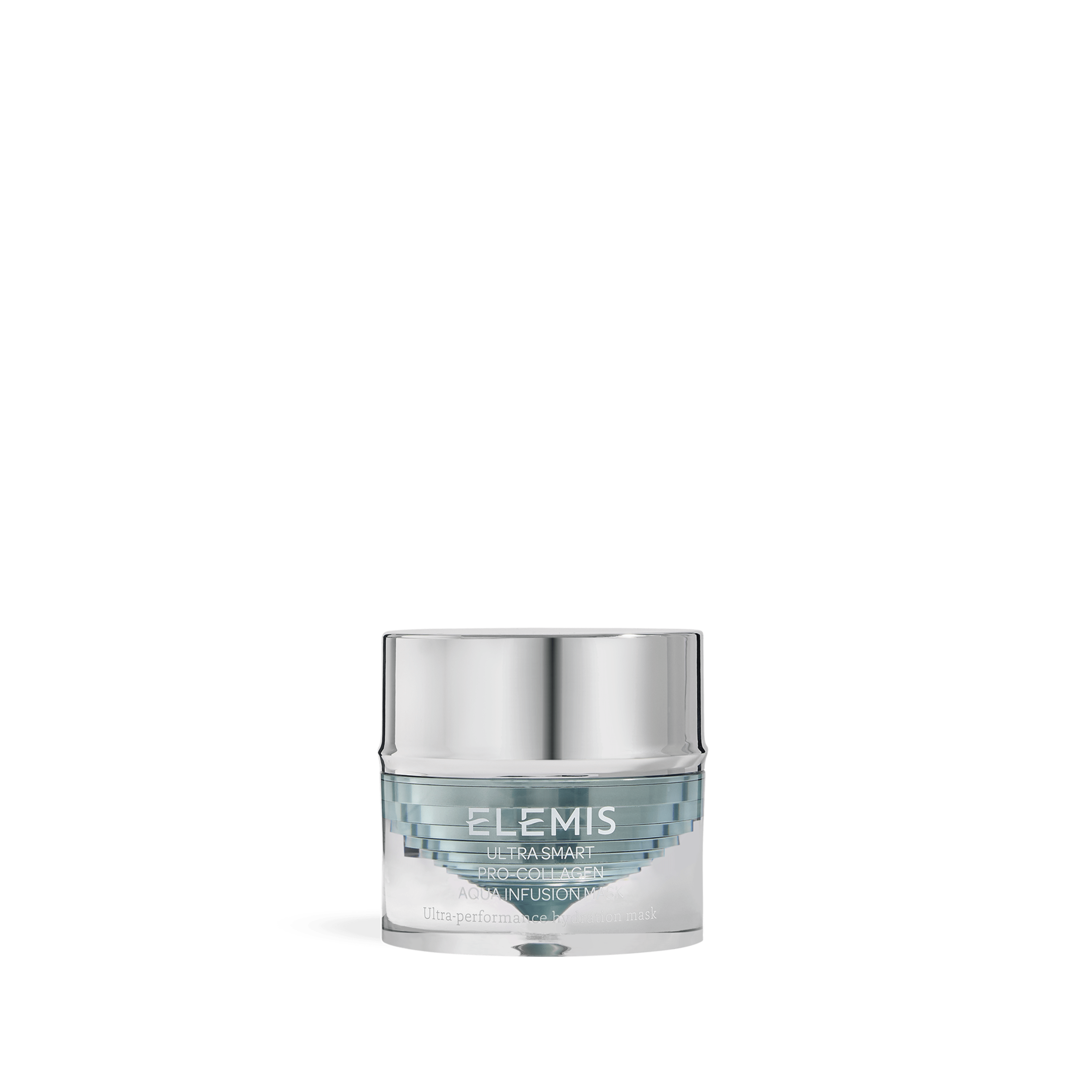 ELEMIS Ultra Smart Pro-Collagen Aqua Infusion Mask in a small clear and silver jar, shown against a plain white background.