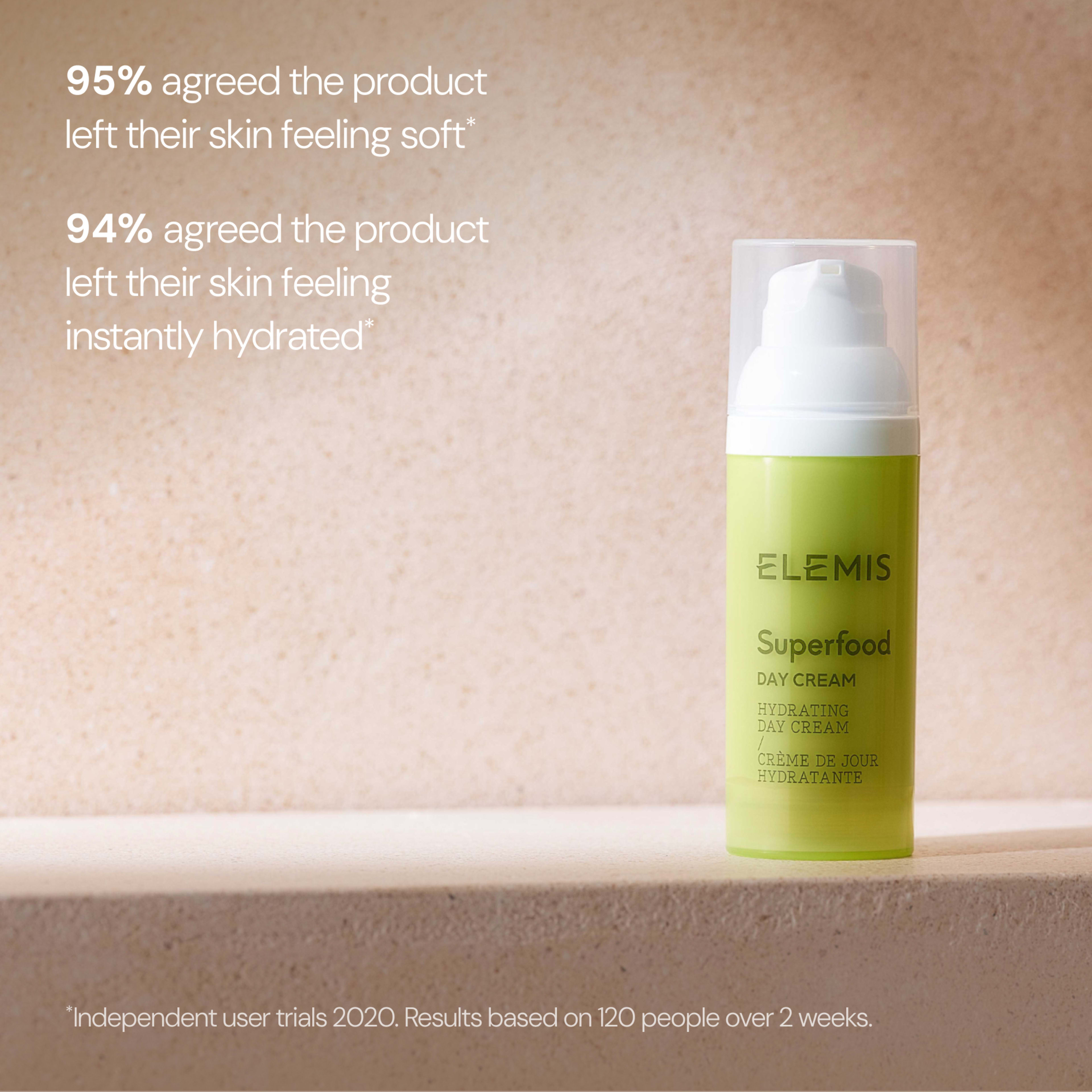 ELEMIS Superfood Day Cream bottle on a stone surface with text stating 95% agreed the product left their skin feeling soft and 94% agreed it left their skin feeling instantly hydrated, based on independent user trials 2020 with 120 people over 2 weeks.