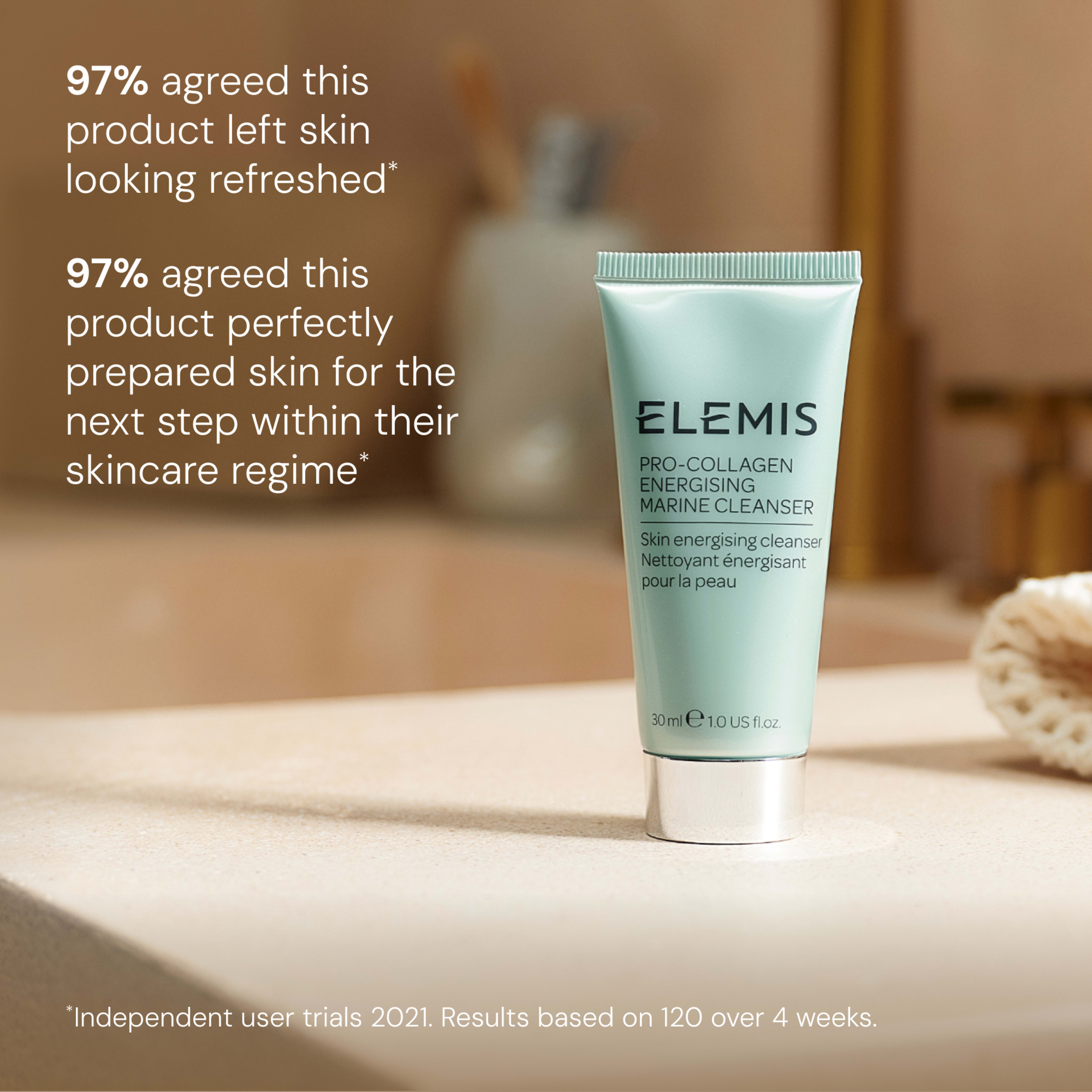 ELEMIS Pro-Collagen Energising Marine Cleanser tube standing on a bathroom counter, with copy stating “97% agreed this product left skin looking refreshed” and “97% agreed this product perfectly prepared skin for the next step within their skincare regime”, based on 2021 user trials.