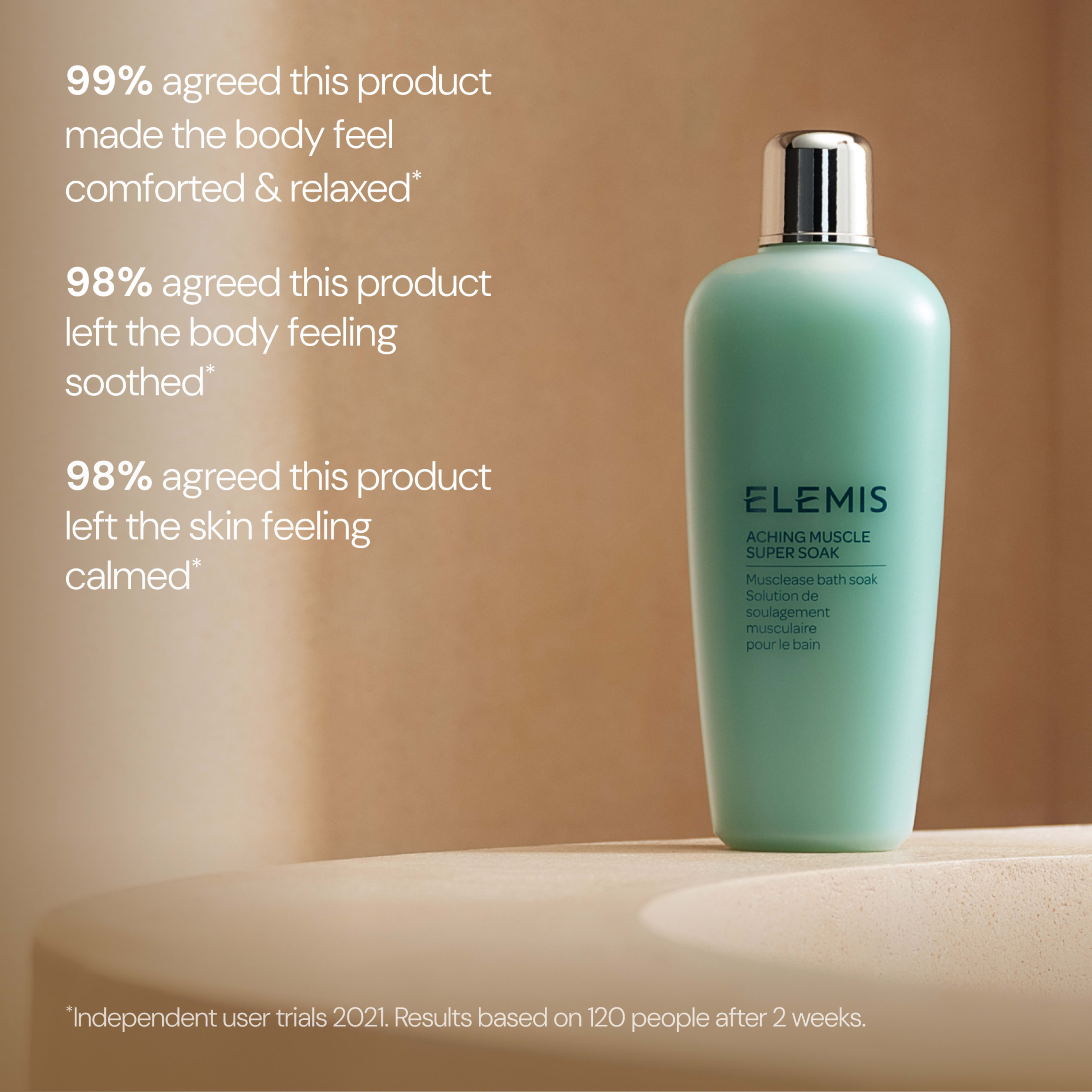 ELEMIS Aching Muscle Super Soak bottle on a neutral background with user trial claims beside it: 99% felt comforted and relaxed, 98% felt soothed, 98% felt skin calmed, based on 120 people after 2 weeks in 2021.