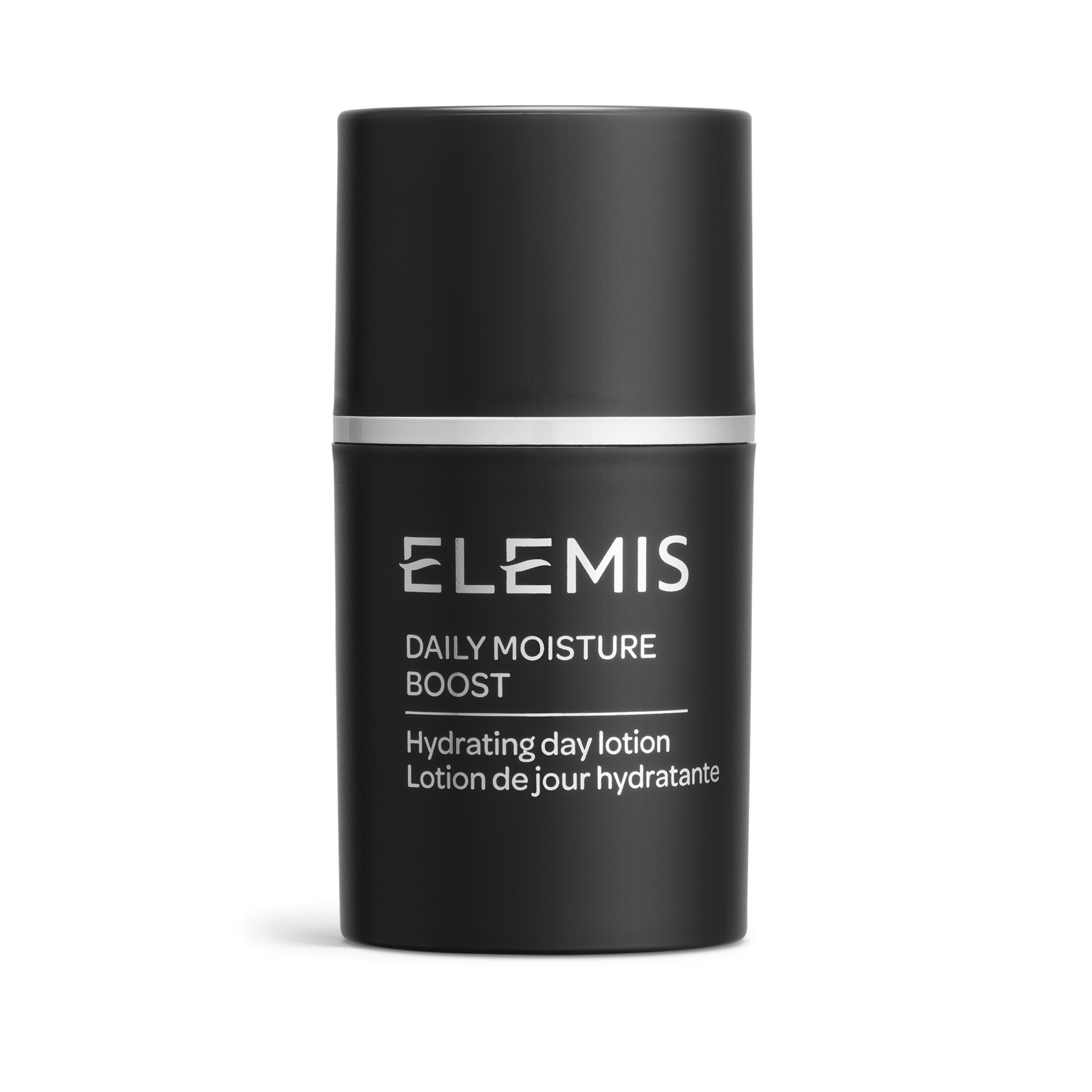 ELEMIS Daily Moisture Boost Hydrating day lotion in a sleek black cylindrical bottle with silver band and white text, shown on a plain background.
