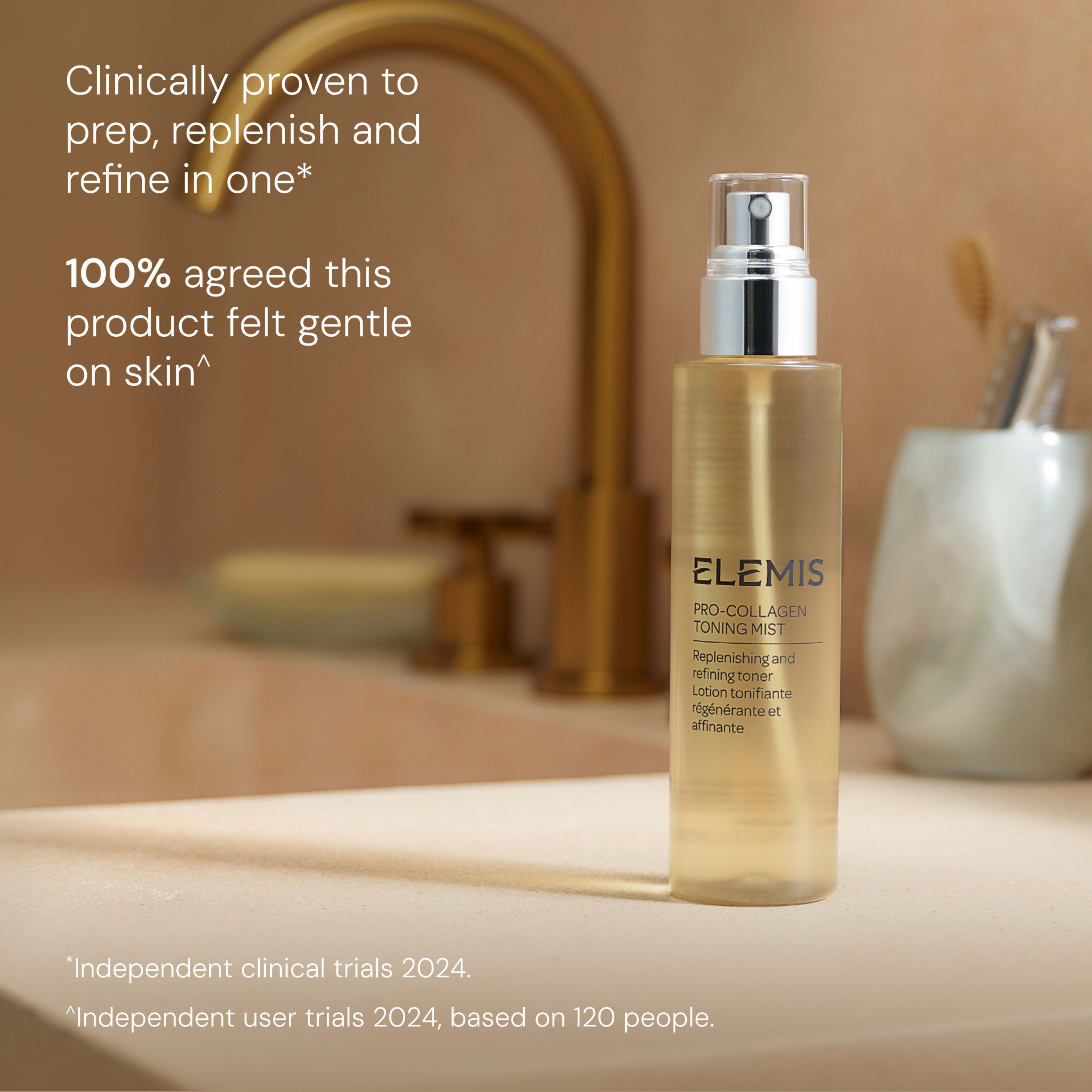 ELEMIS Pro-Collagen Toning Mist bottle on a bathroom sink with gold tap, alongside text: “Clinically proven to prep, replenish and refine in one* 100% agreed this product felt gentle on skin^”. Footnote: “*Independent clinical trials 2024. ^Independent user trials 2024, based on 120 people.”
