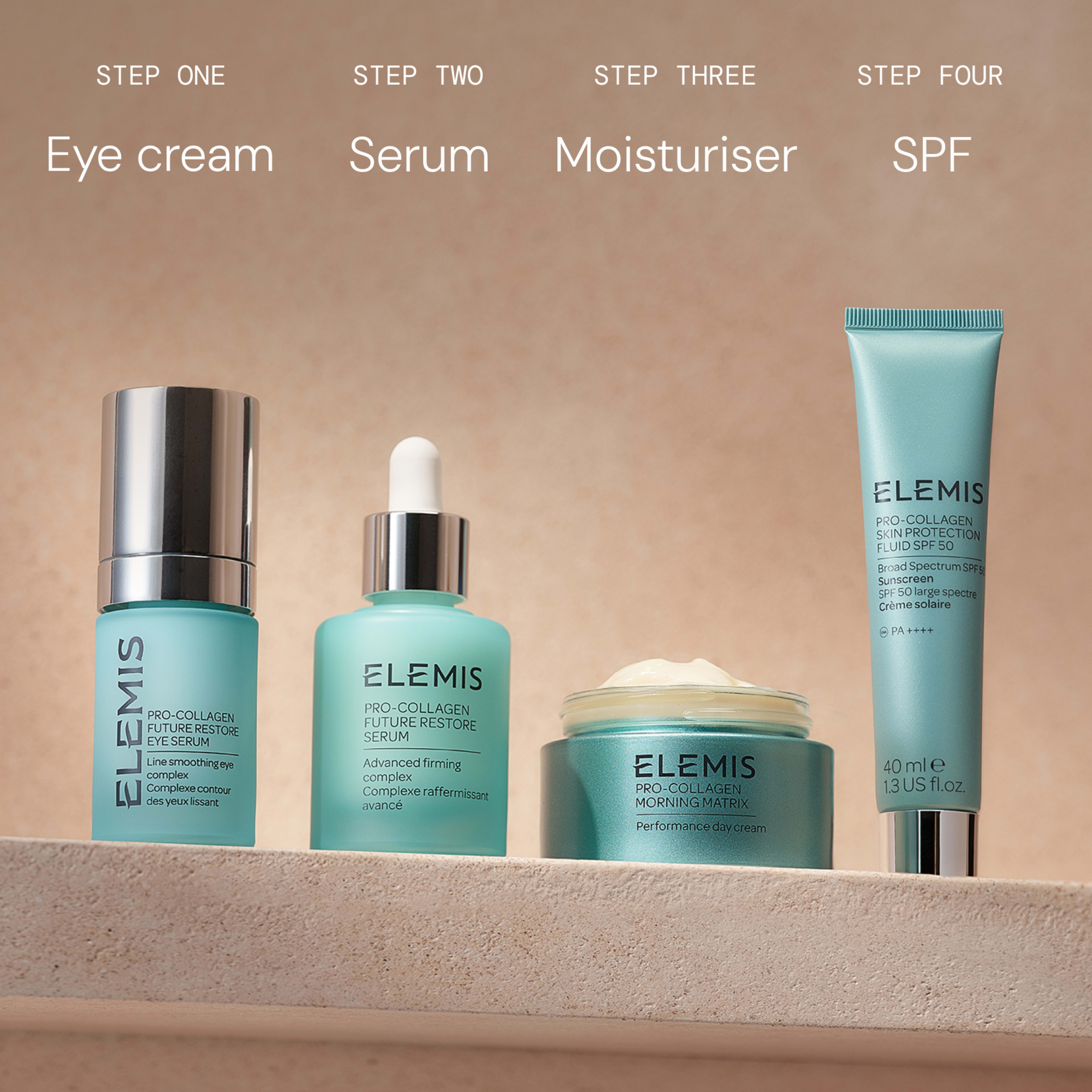 Four turquoise ELEMIS Pro-Collagen skincare products on a stone shelf, labelled as a four-step morning routine: step one eye cream, step two serum, step three moisturiser, step four SPF.